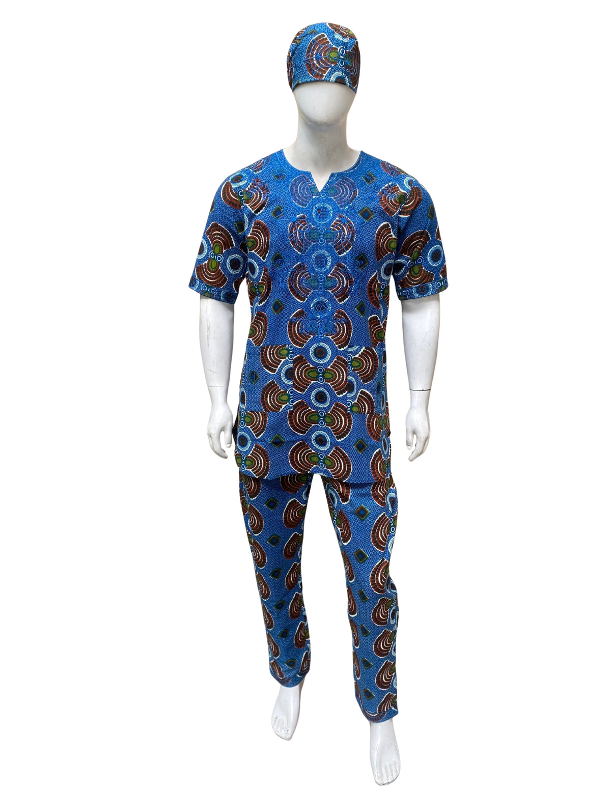 Men’s African Print 3-Piece Set – Embroidered Cotton Top, Pants & Hat | Traditional Dashiki Outfit