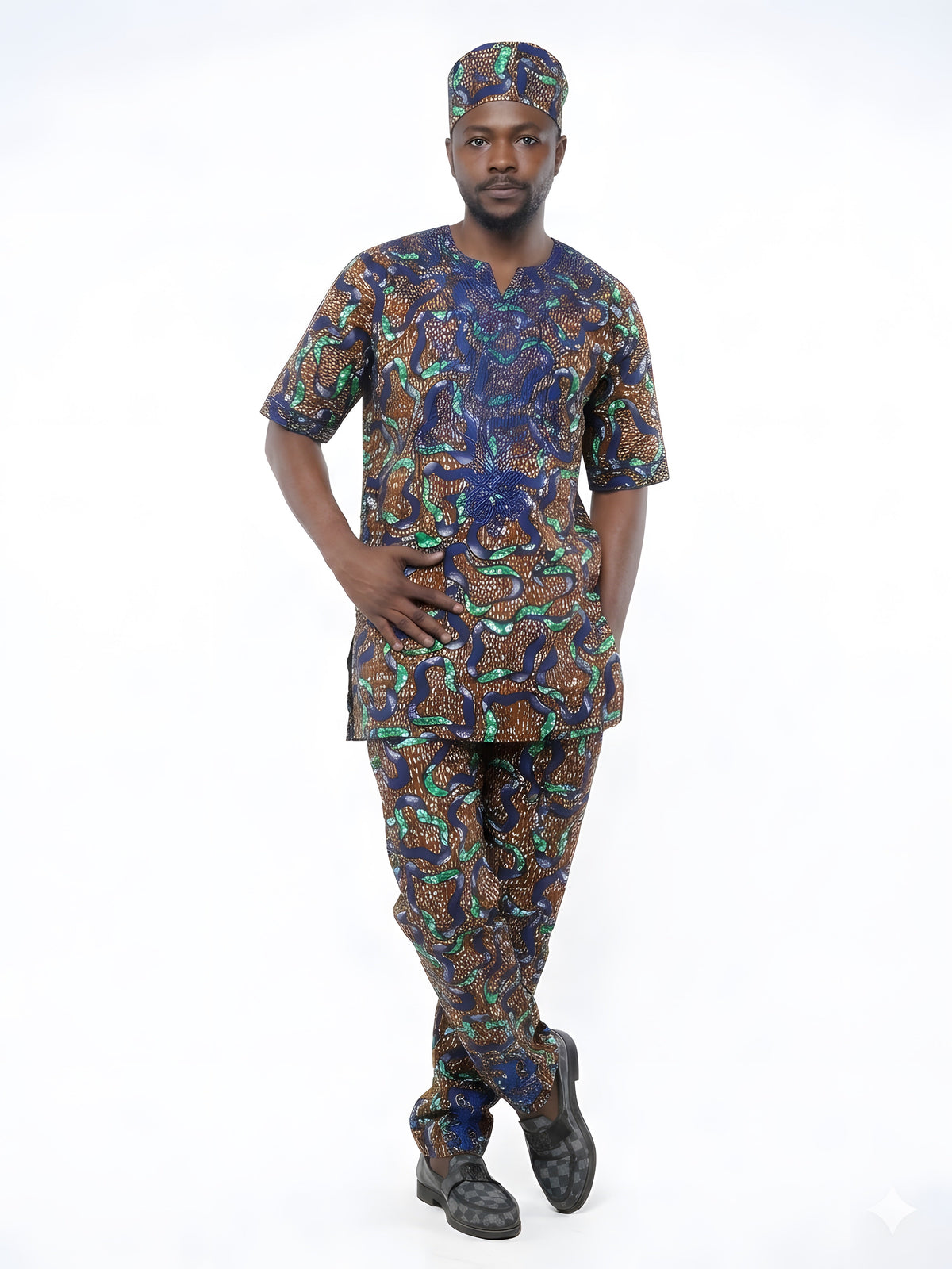 Men’s African Print 3-Piece Set – Embroidered Cotton Top, Pants & Hat | Traditional Dashiki Outfit