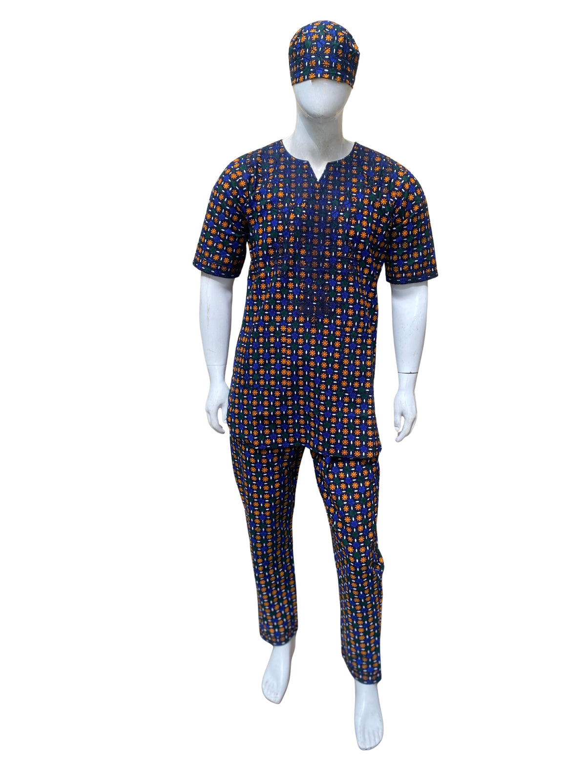 Men’s African Print 3-Piece Set – Embroidered Cotton Top, Pants & Hat | Traditional Dashiki Outfit