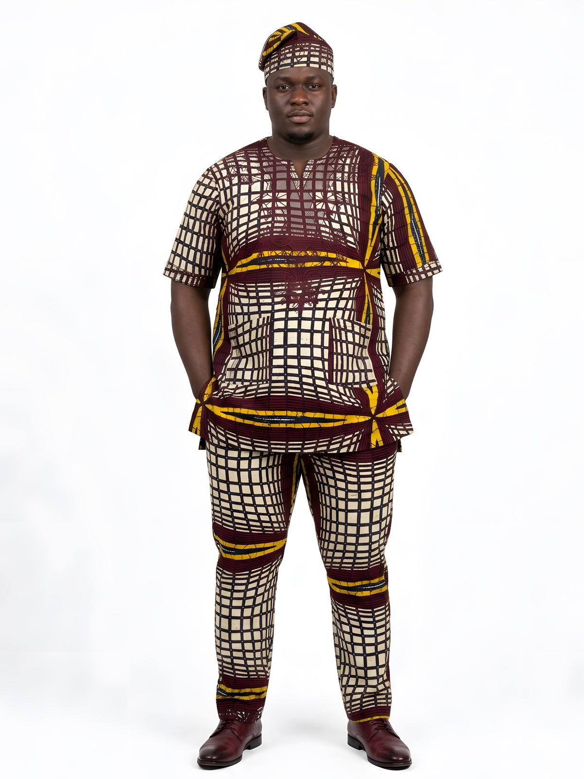 Men’s African Print 3-Piece Set – Embroidered Cotton Top, Pants & Hat | Traditional Dashiki Outfit
