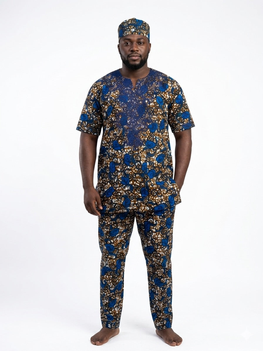 Men’s African Print 3-Piece Set – Embroidered Cotton Top, Pants & Hat | Traditional Dashiki Outfit