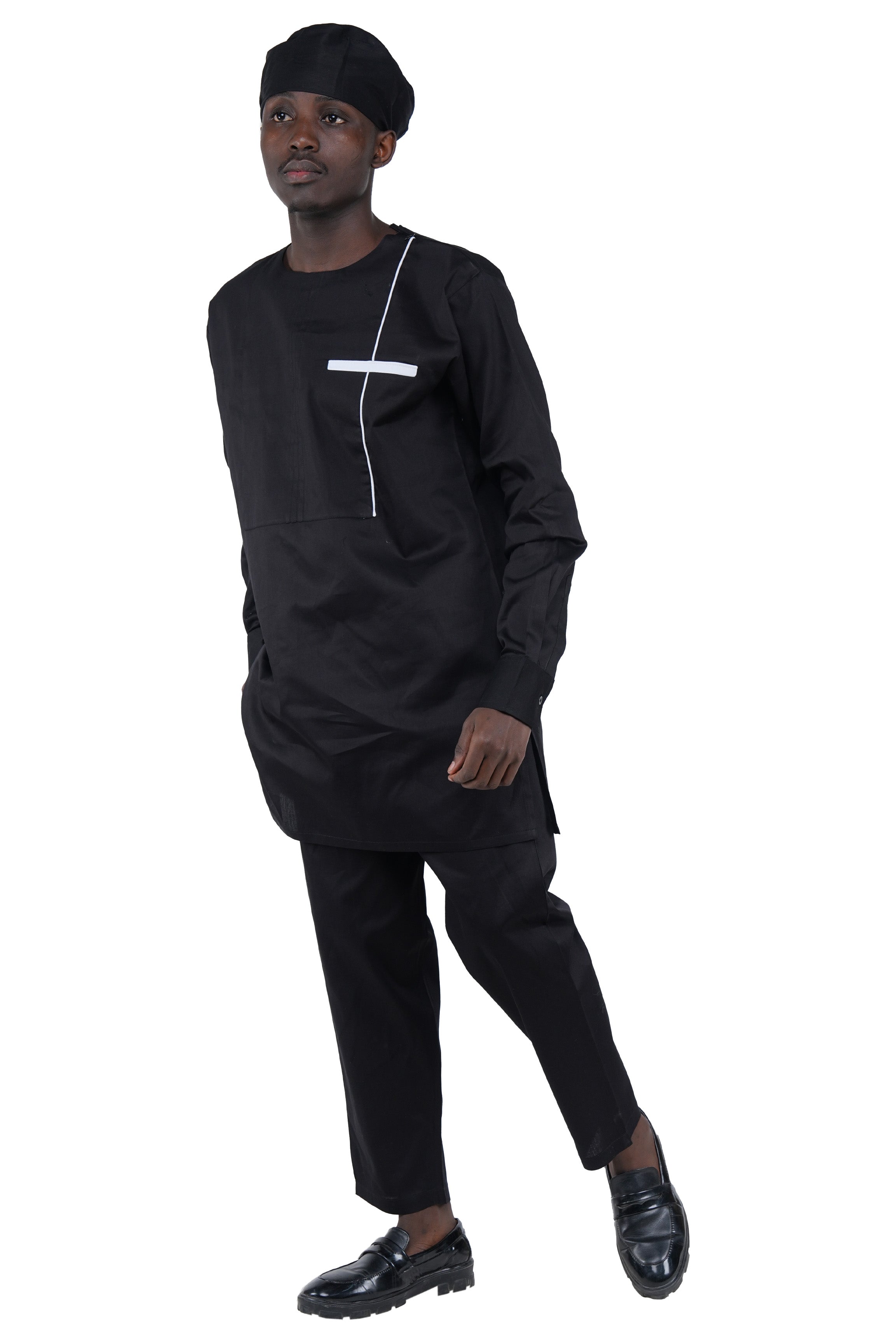 Black Top, Pant & Hat Set for Men | Long Sleeve 3 Piece Outfit with Pockets