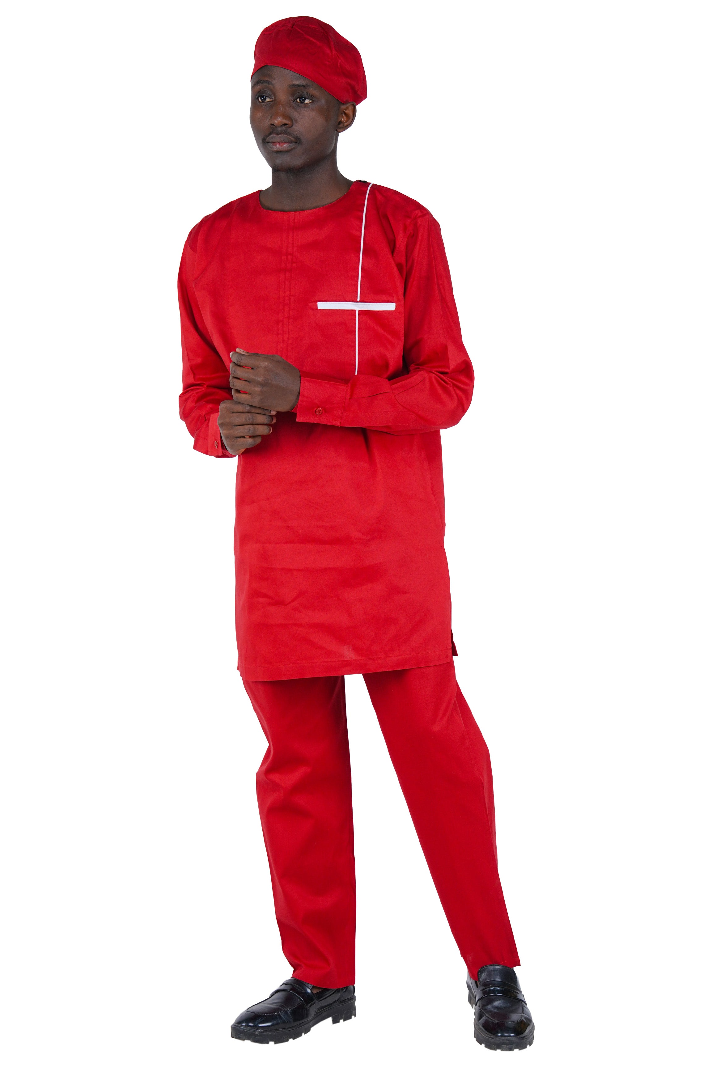 Maroon Top, Pant & Hat Set for Men | Long Sleeve 3 Piece Outfit with Pockets