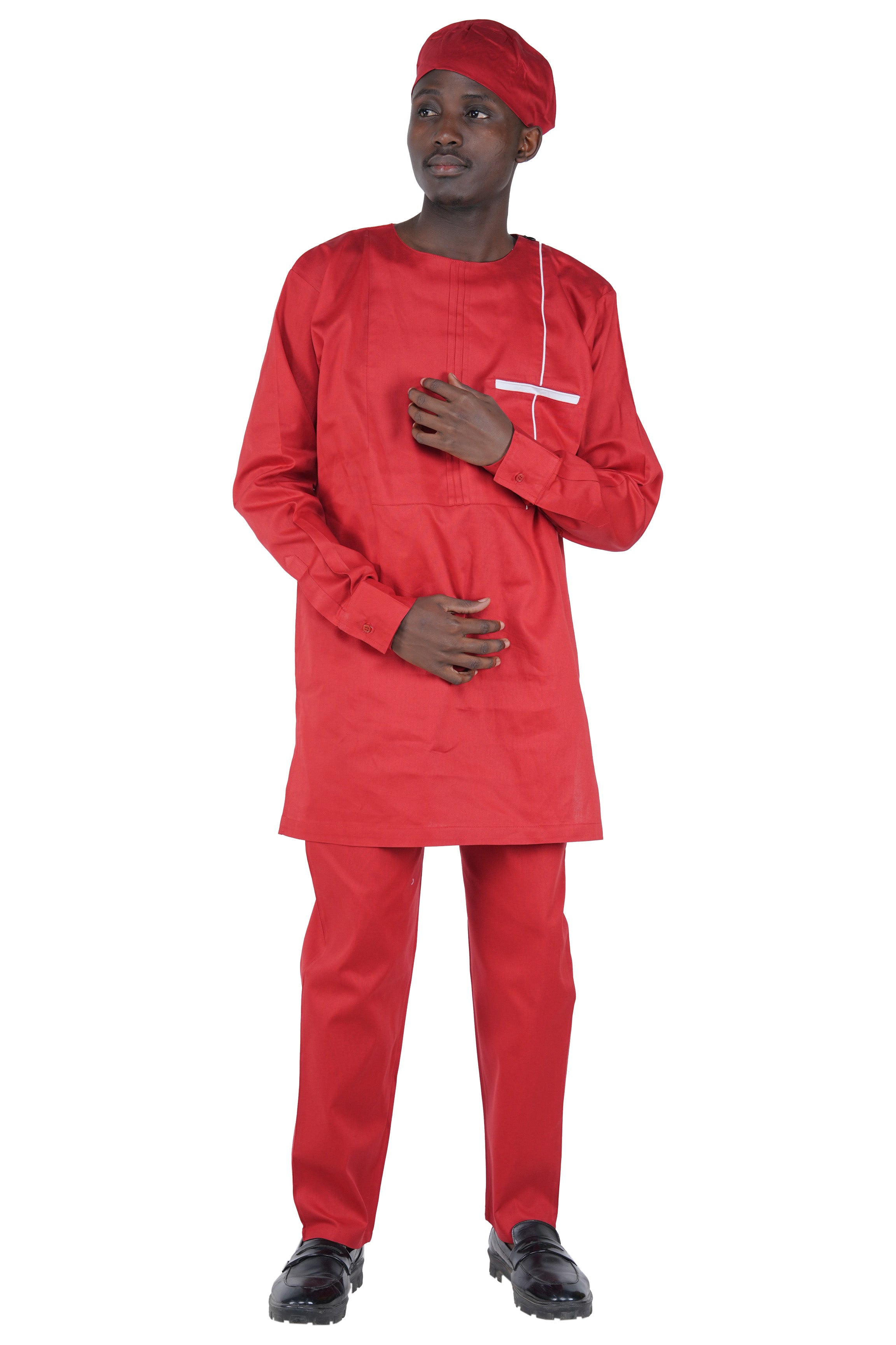 Maroon Top, Pant & Hat Set for Men | Long Sleeve 3 Piece Outfit with Pockets