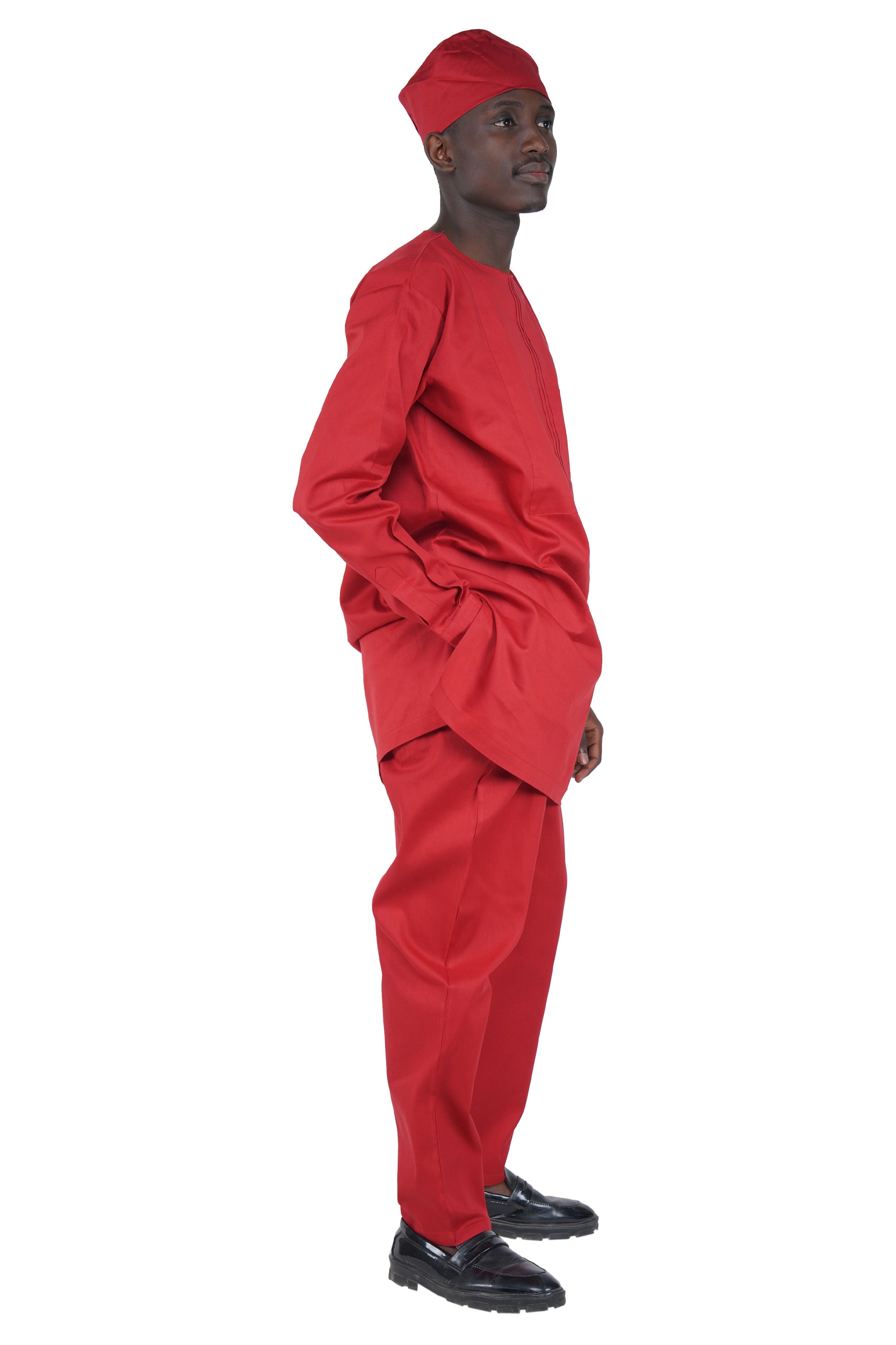 Maroon Top, Pant & Hat Set for Men | Long Sleeve 3 Piece Outfit with Pockets