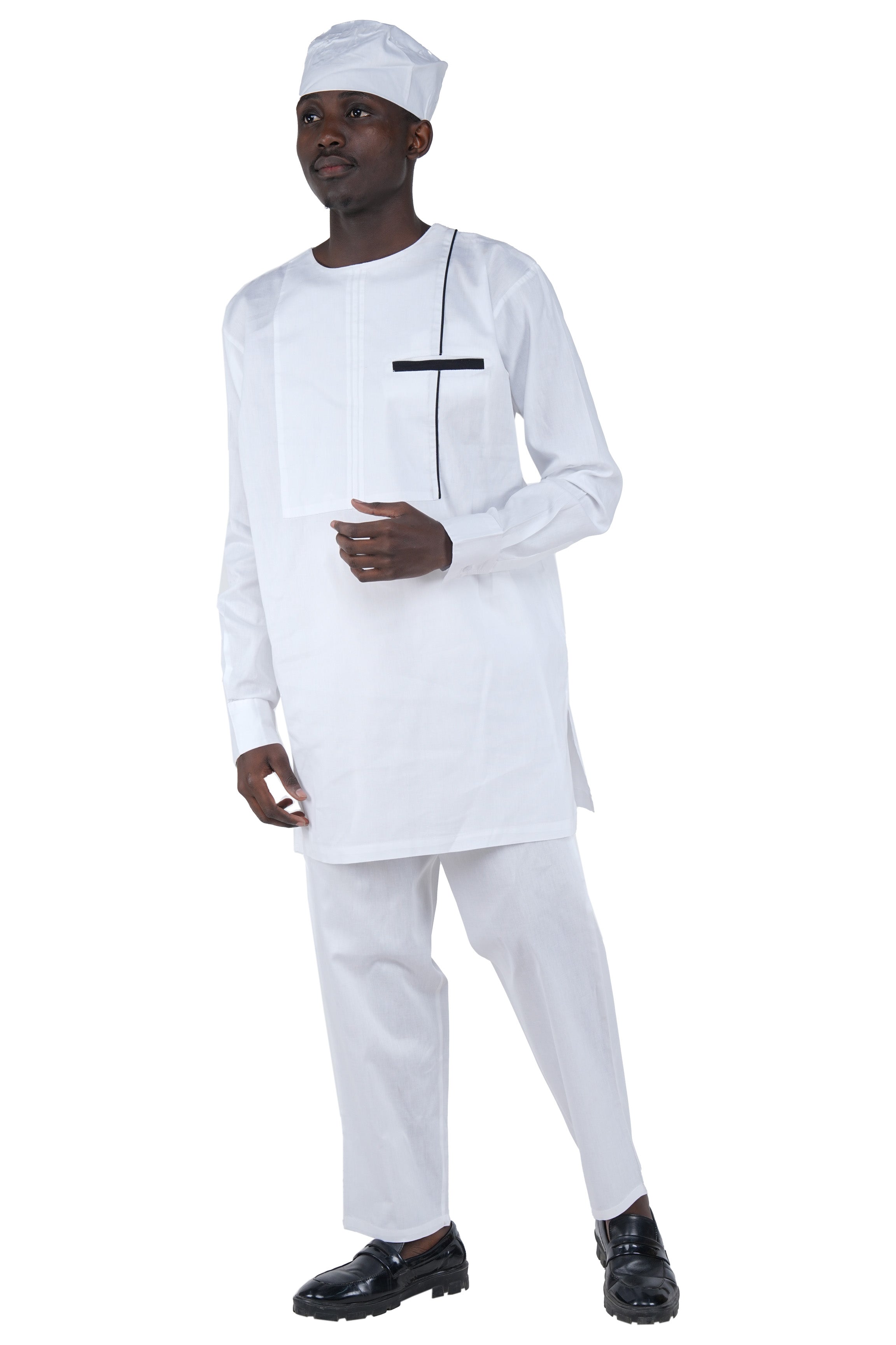 White Top, Pant & Hat Set for Men | Long Sleeve 3 Piece Outfit with Pockets