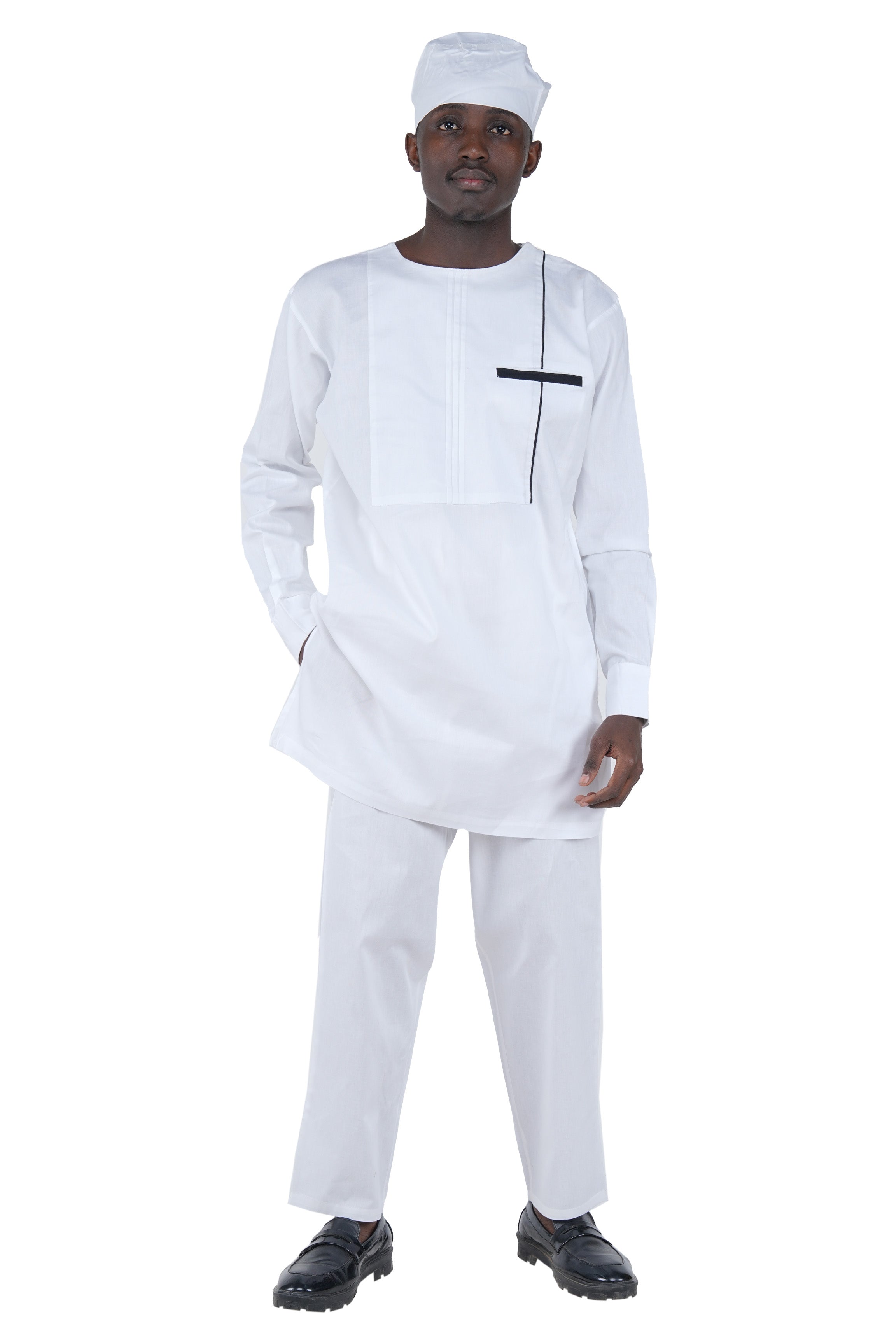 White Top, Pant & Hat Set for Men | Long Sleeve 3 Piece Outfit with Pockets