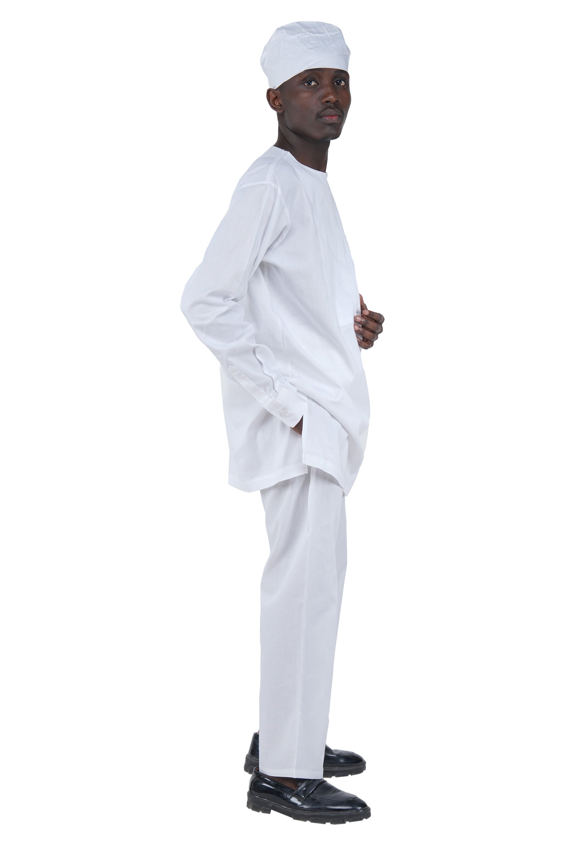 White Top, Pant & Hat Set for Men | Long Sleeve 3 Piece Outfit with Pockets
