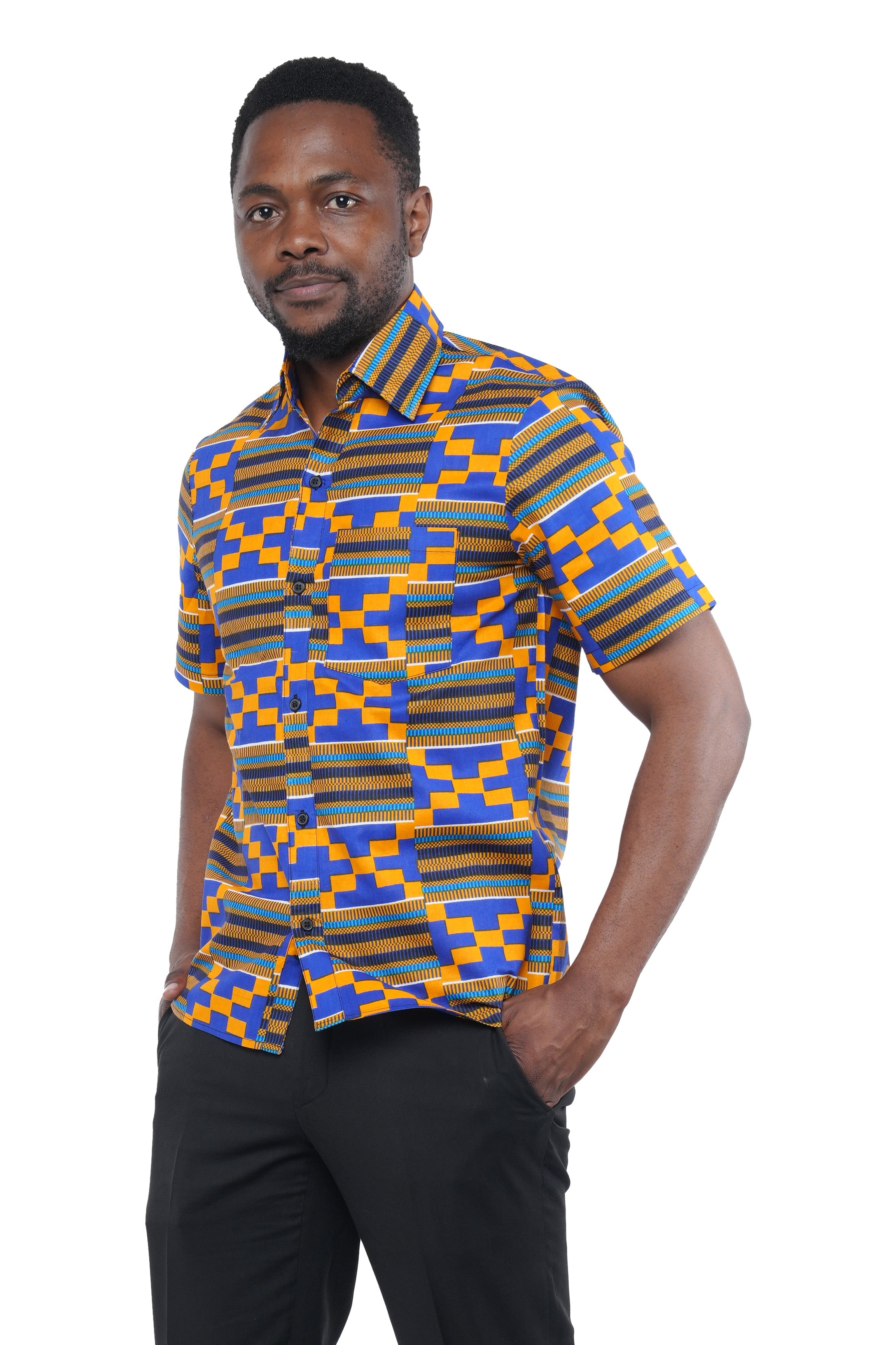 African button down shirt for men – short sleeve cotton traditional top (M–3XL)