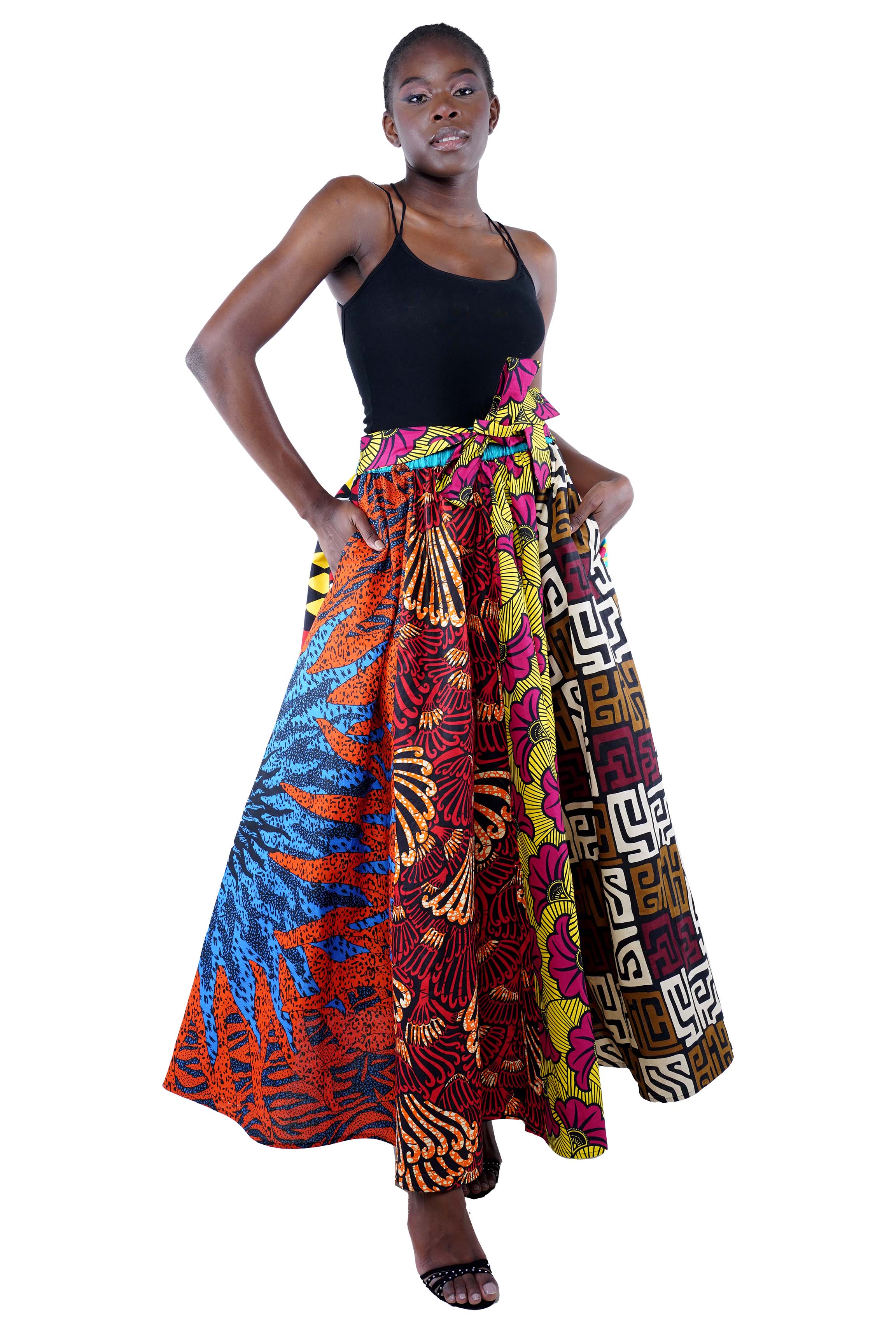 African Long Maxi Skirt 100% Cotton w/ Pockets & Headwrap One Size 41” Length