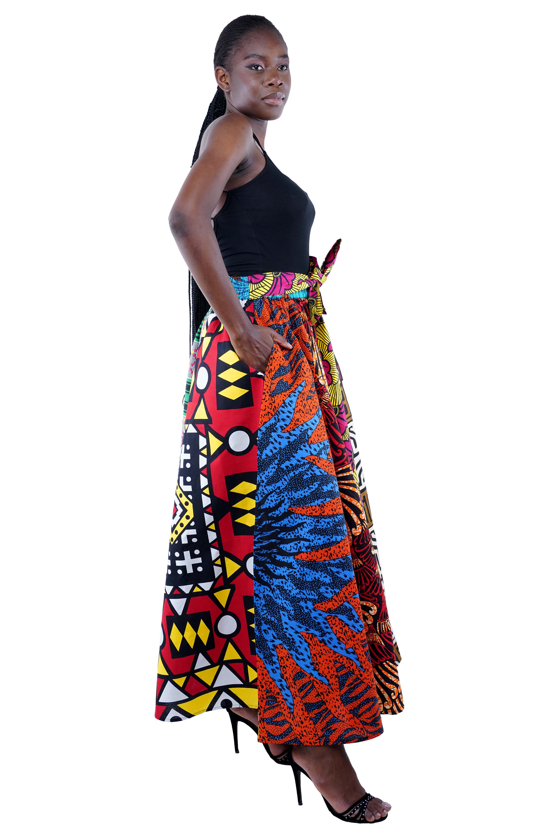 African Long Maxi Skirt 100% Cotton w/ Pockets & Headwrap One Size 41” Length