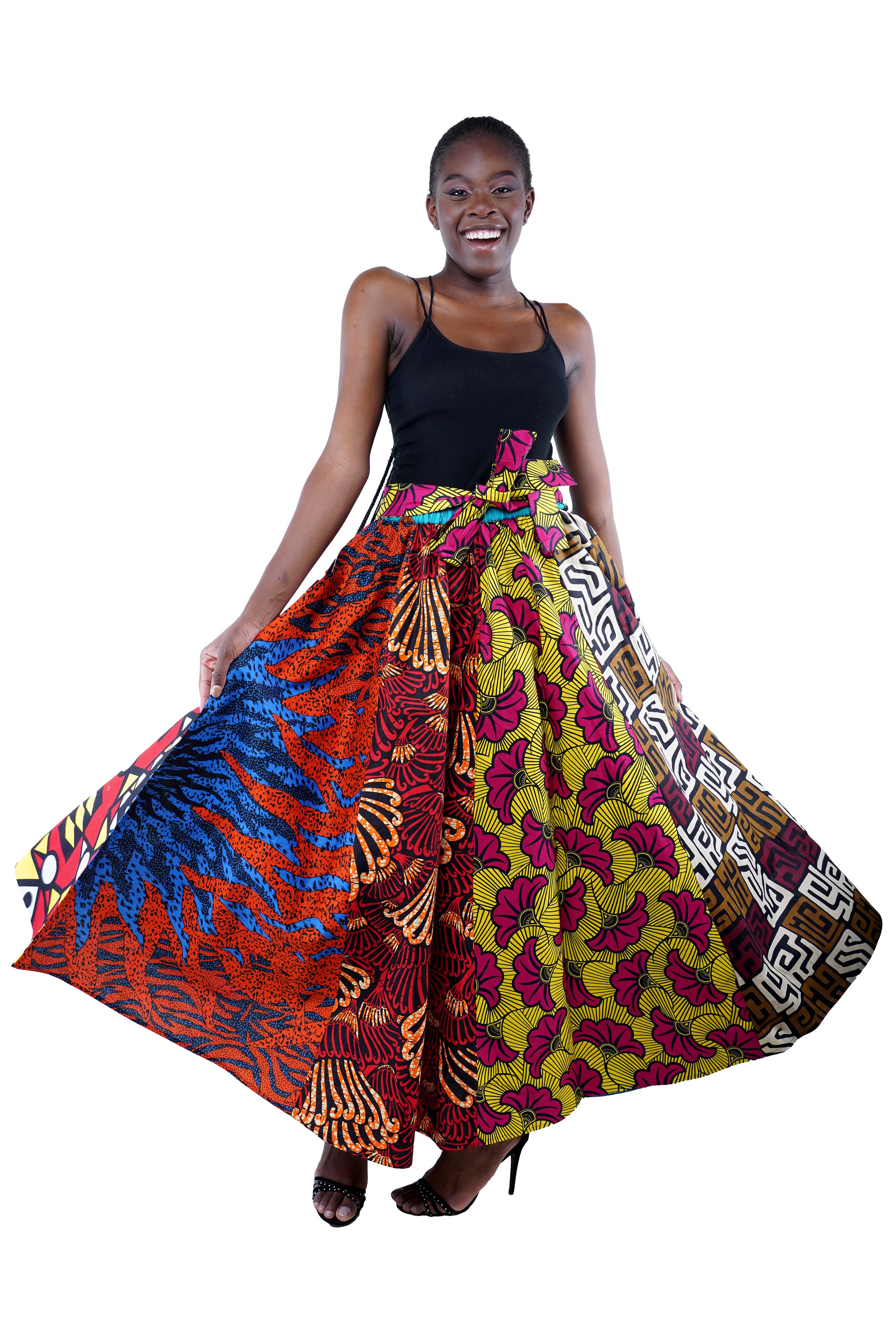 African Long Maxi Skirt 100% Cotton w/ Pockets & Headwrap One Size 41” Length