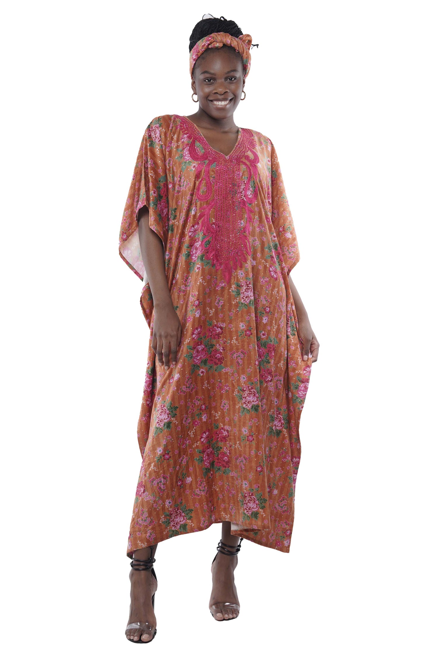 Embroidered velvet printed kaftan with matching headwrap