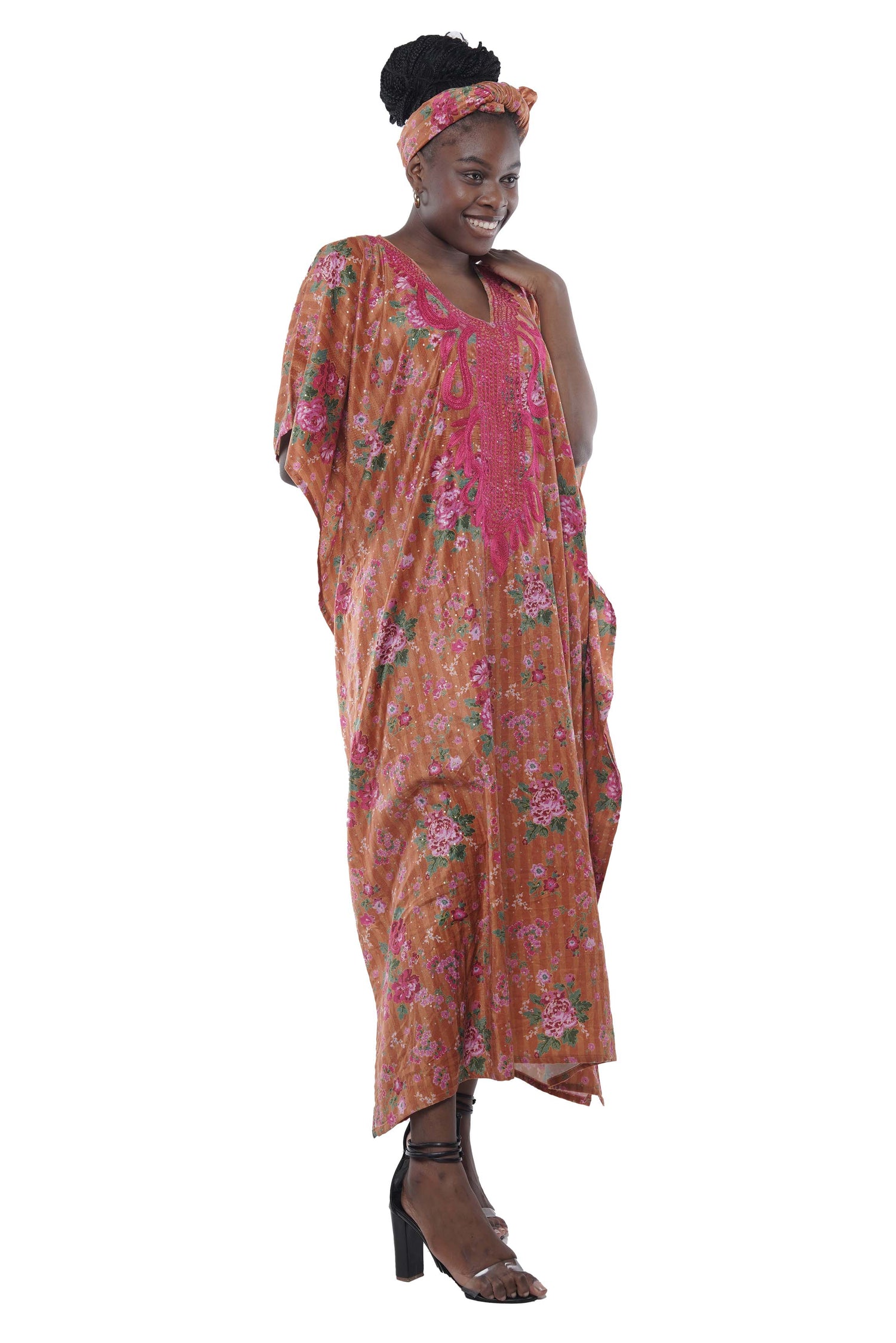 Embroidered velvet printed kaftan with matching headwrap