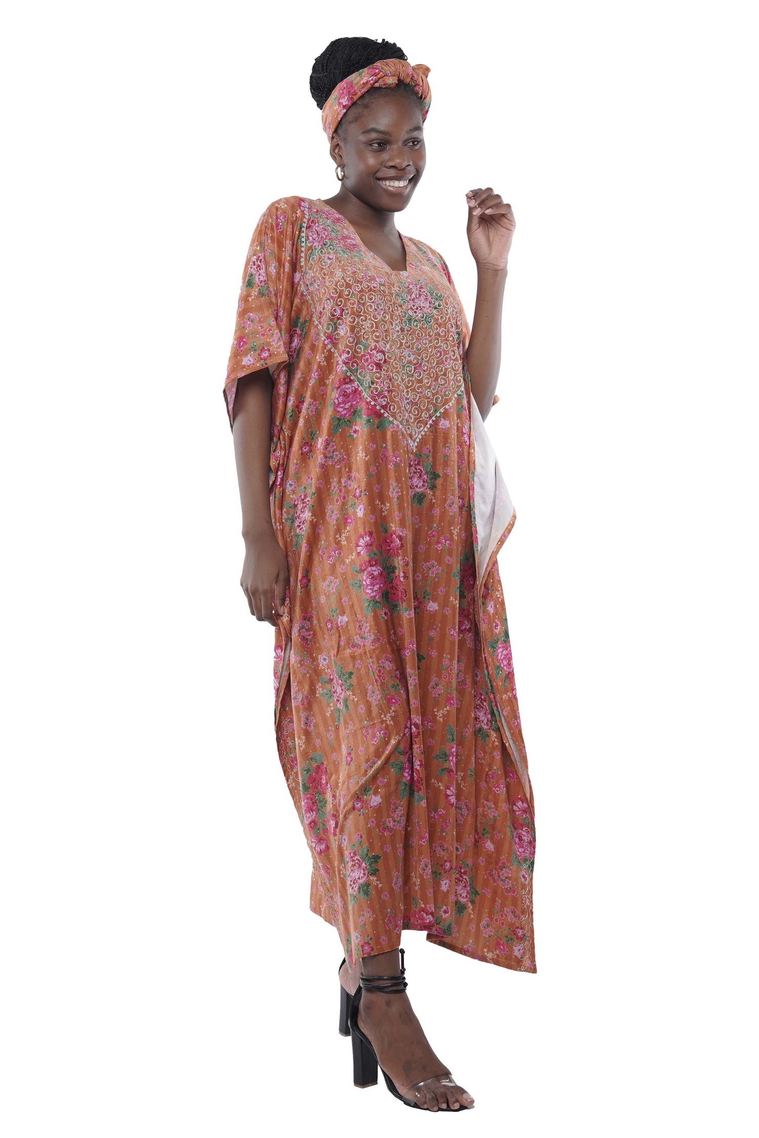 Embroidered velvet Printed kaftan with matching headwrap