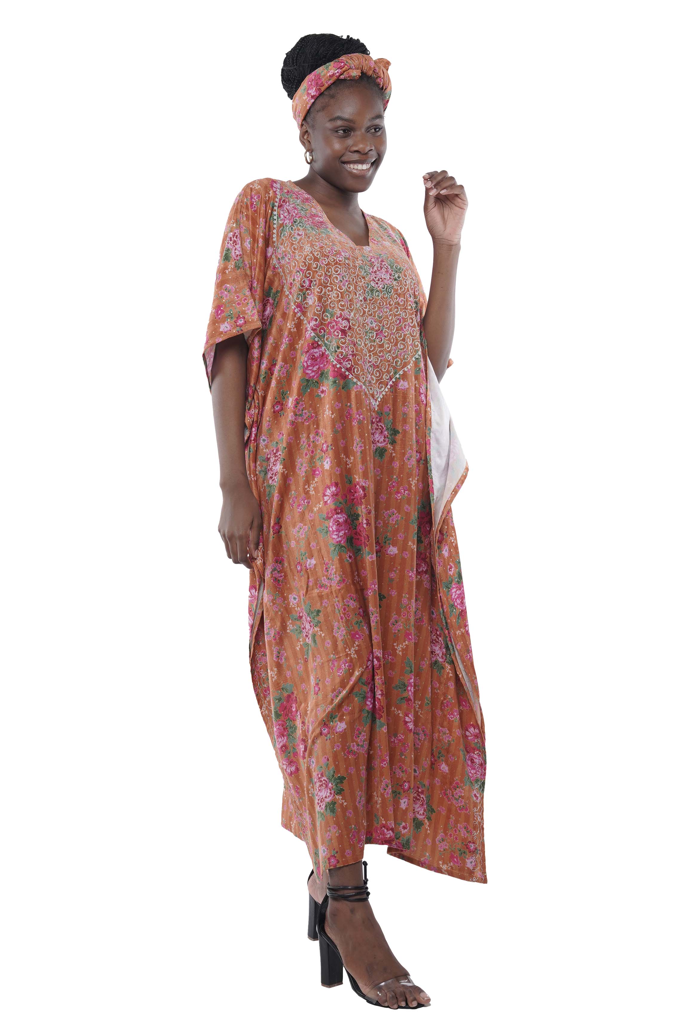 Embroidered velvet Printed kaftan with matching headwrap