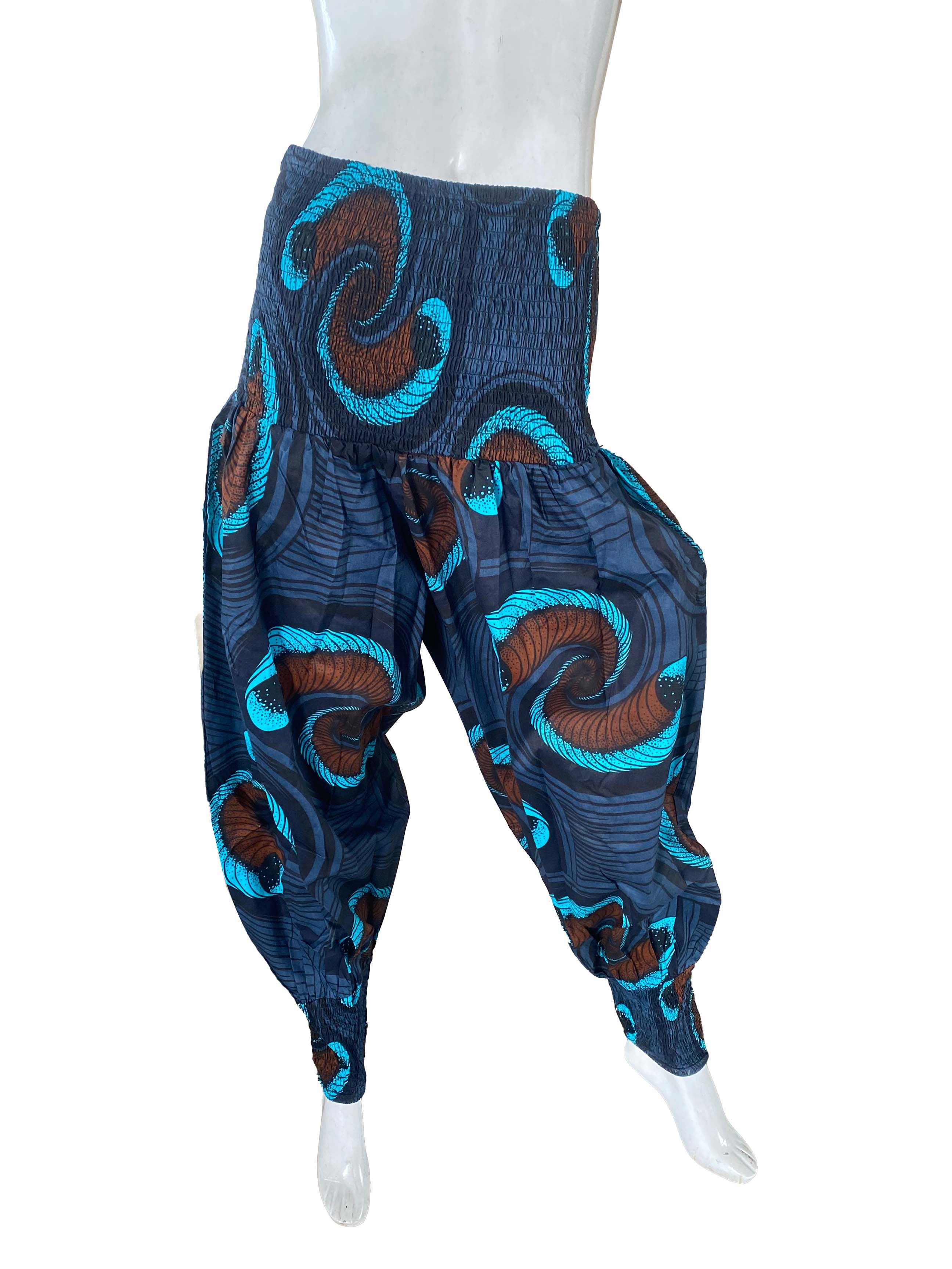 African Smocked Waist Harem Pants 100% Cotton with Pockets & Head Wrap One Size