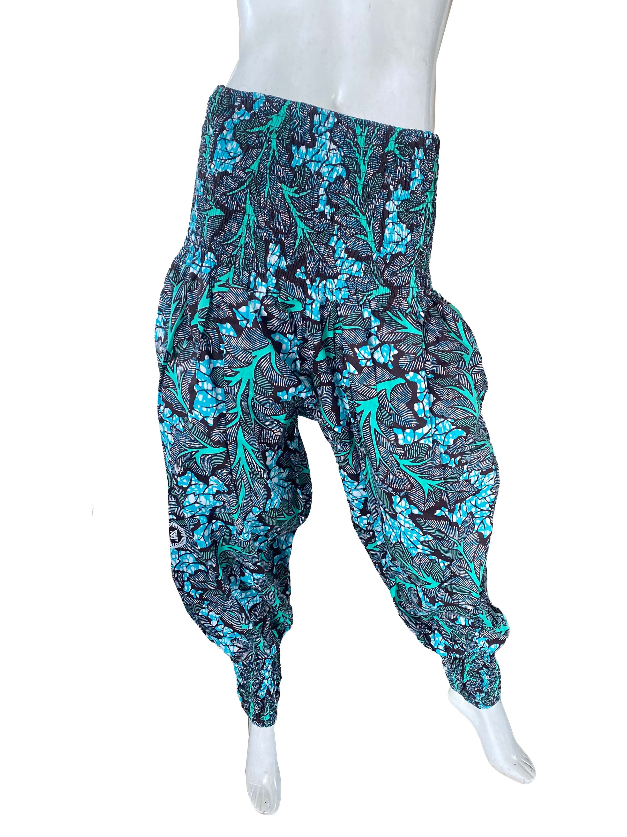 African Smocked Waist Harem Pants 100% Cotton with Pockets & Head Wrap One Size