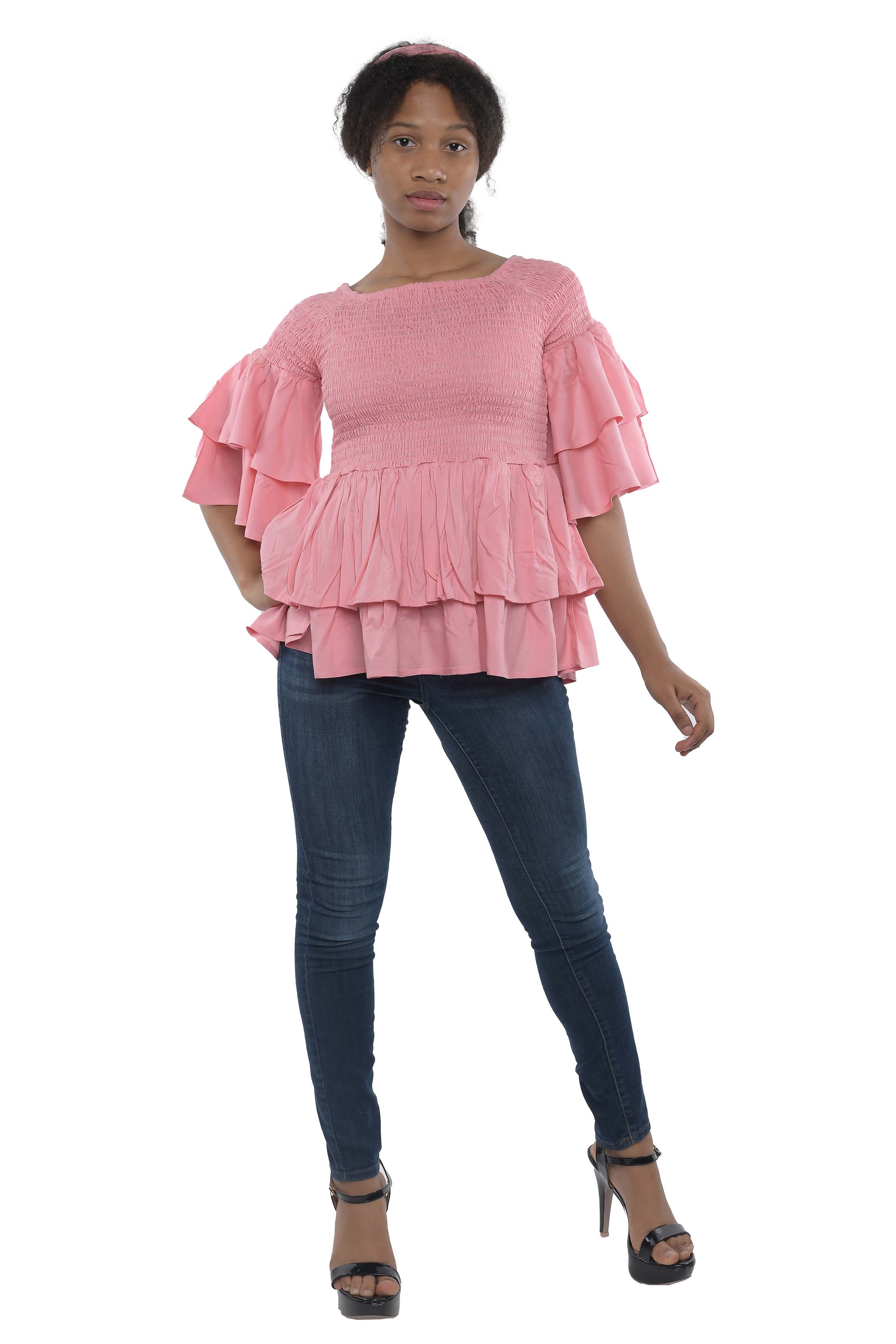 African double layer smocked blouse front view