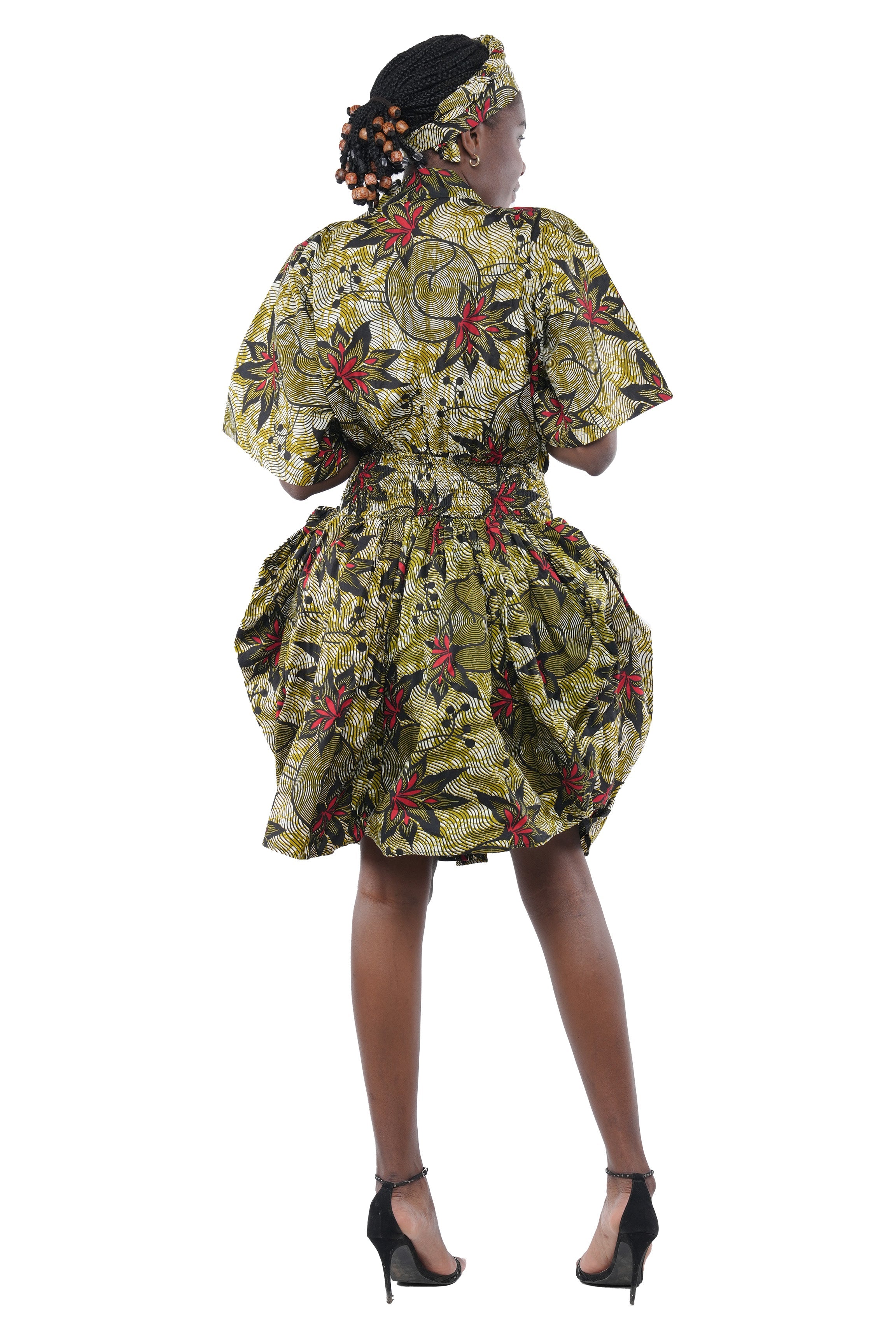 African Short Dress 100% Cotton Smocked Waist w/ Headwrap V Neck One Size