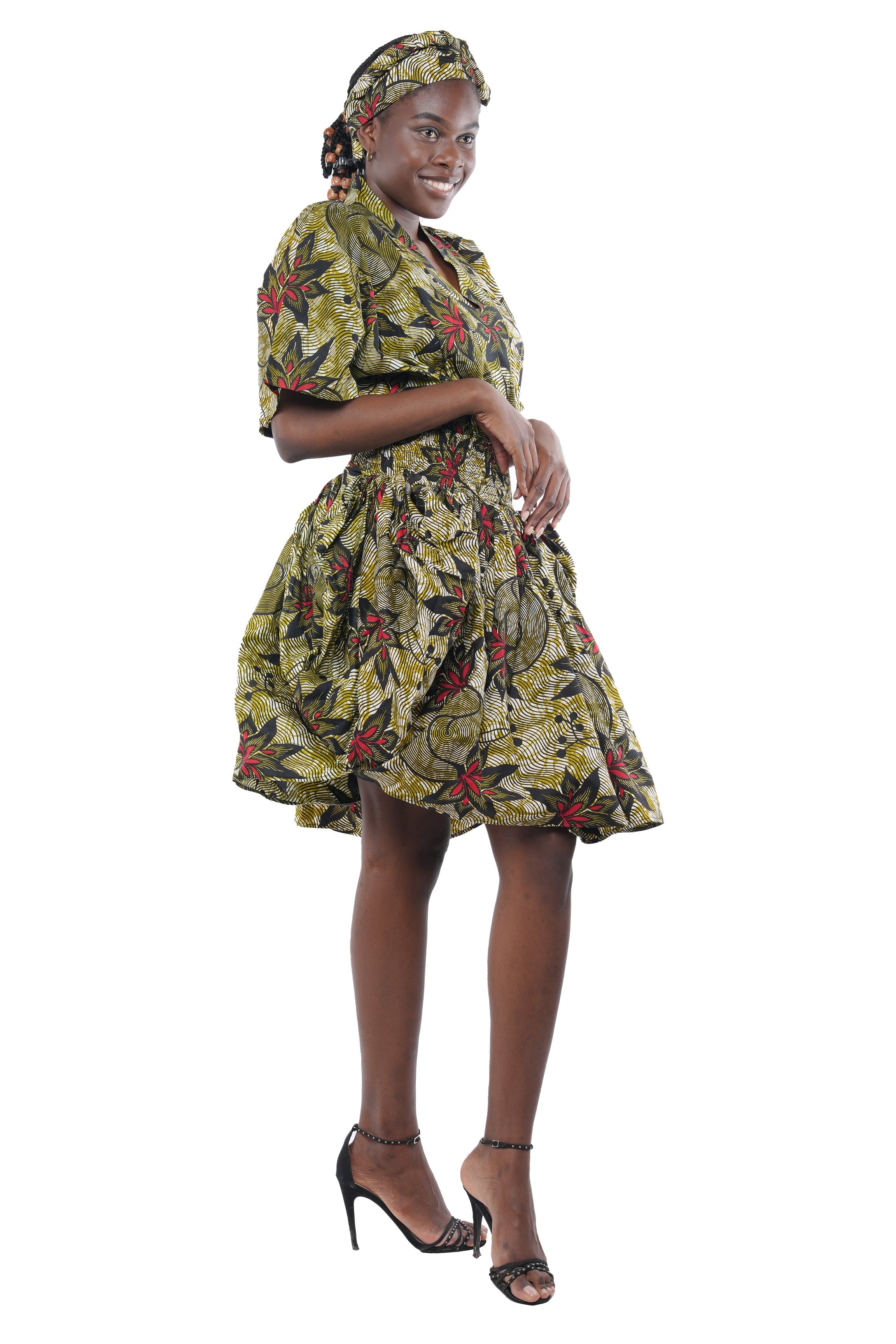 African Short Dress 100% Cotton Smocked Waist w/ Headwrap V Neck One Size