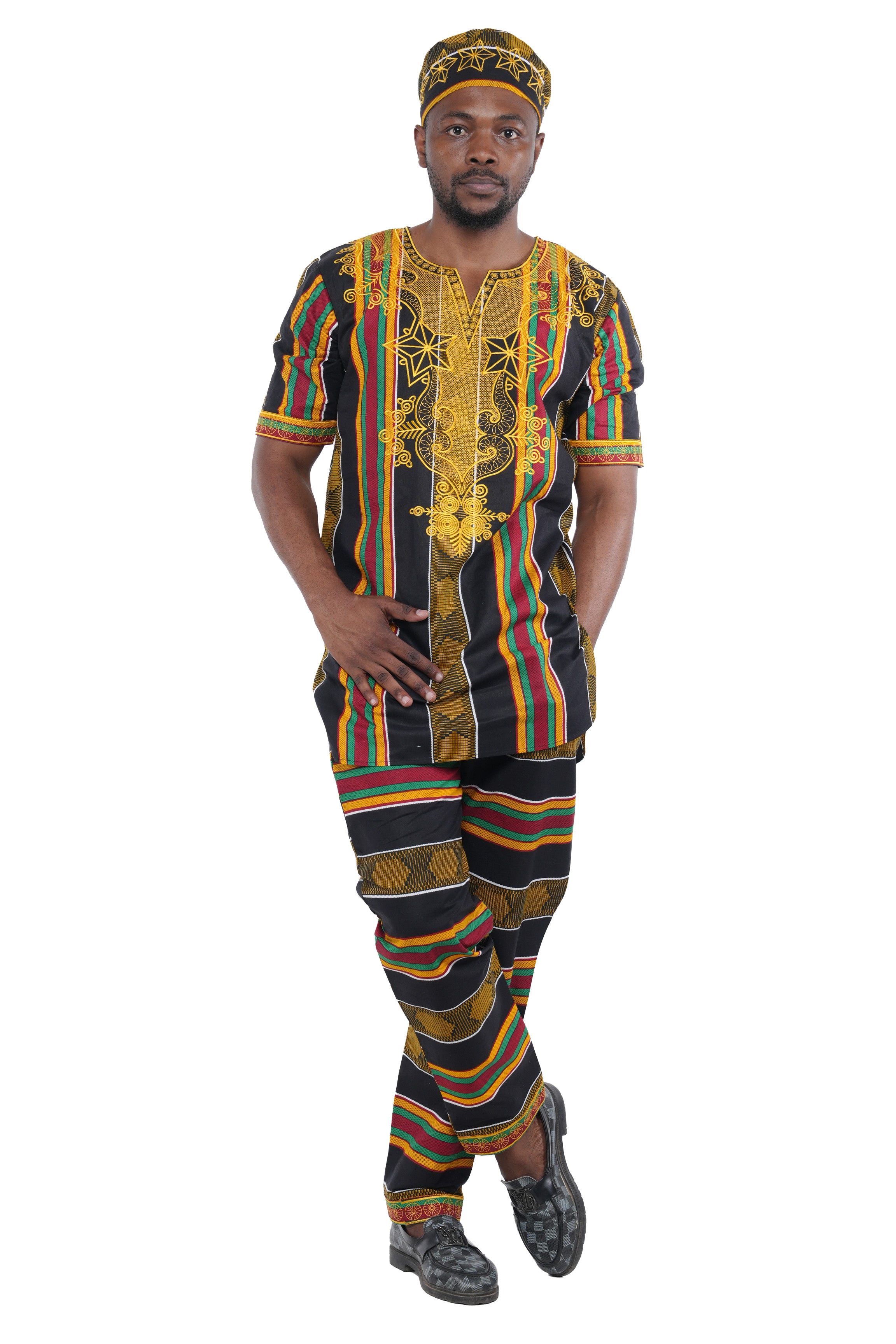 Men’s African Embroidered Top & Pant Set w/ Hat – 2pc Outfit M–5XL