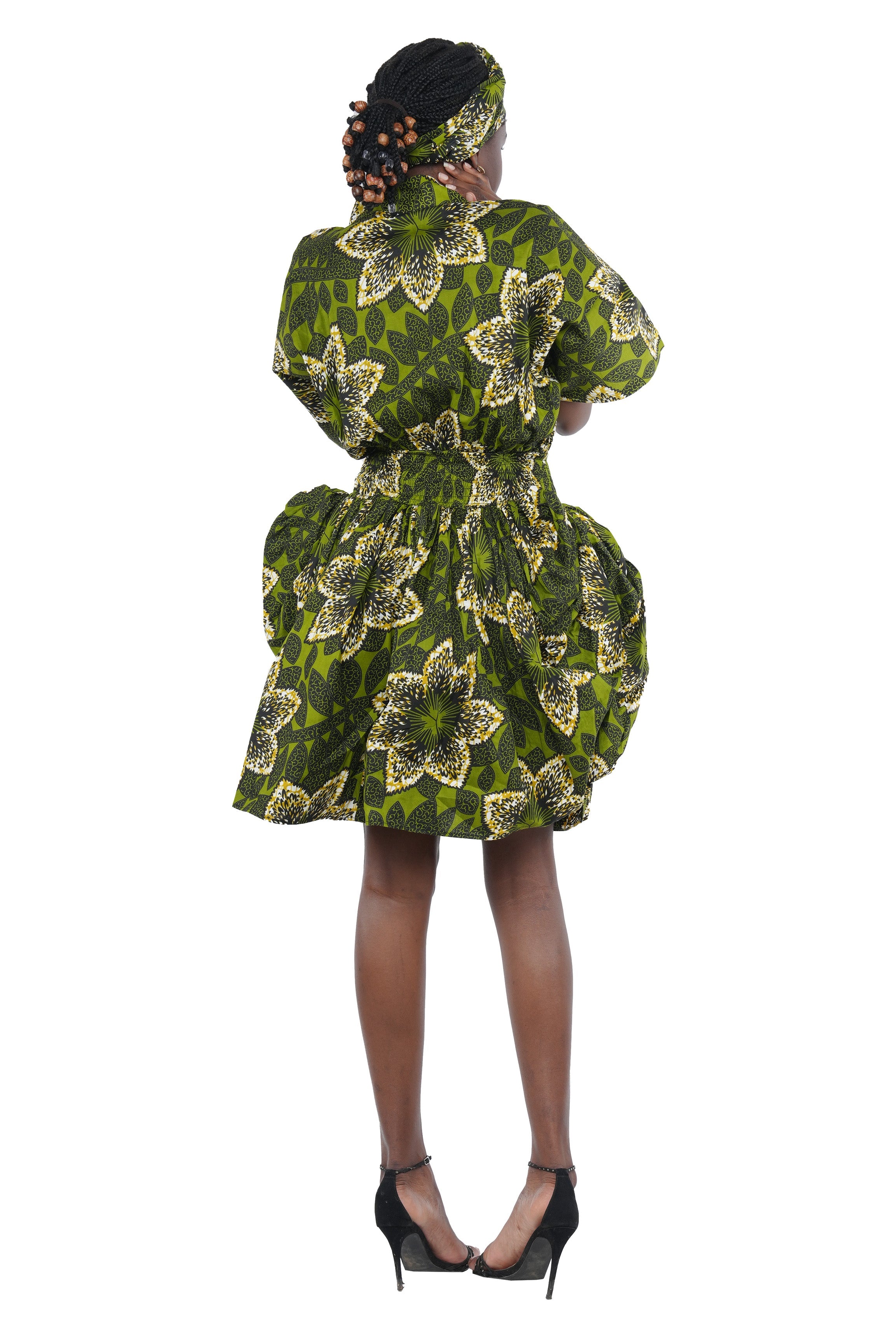 African Short Dress 100% Cotton Smocked Waist w/ Headwrap V Neck One Size