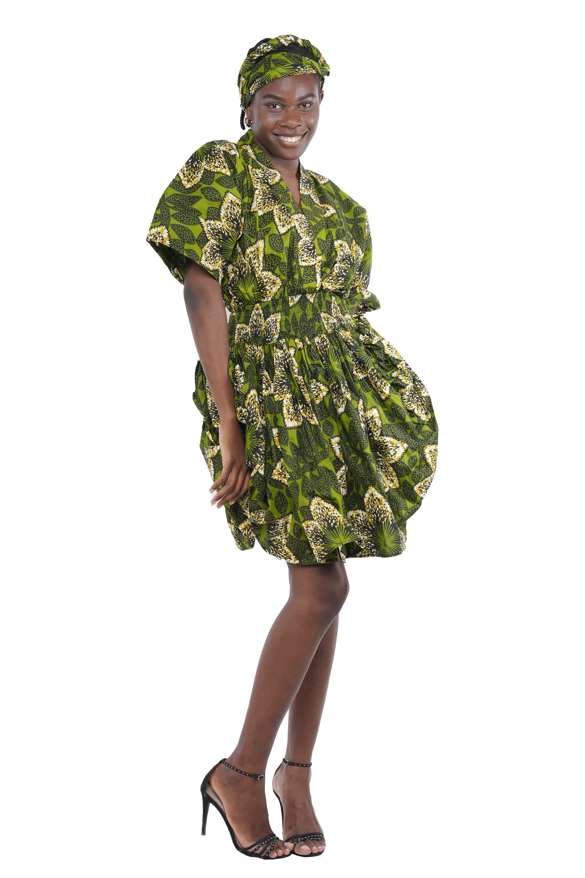 African Short Dress 100% Cotton Smocked Waist w/ Headwrap V Neck One Size