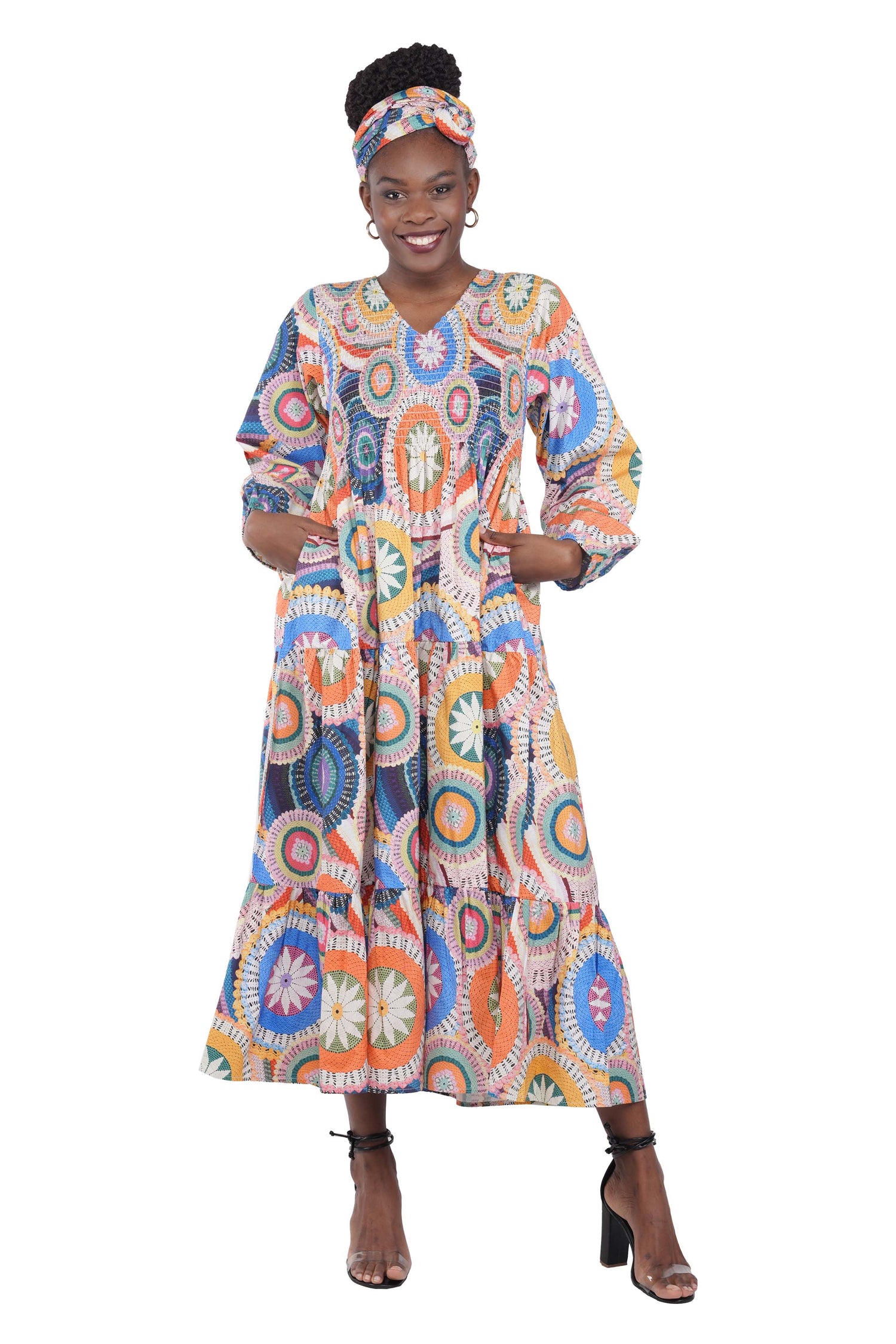 African smocked maxi tiered dress with long sleeves and headwrap
Cotton V-neck African maxi dress with pockets
Afrocentric long sleeve tiered dress one size fits most
African dresses for women