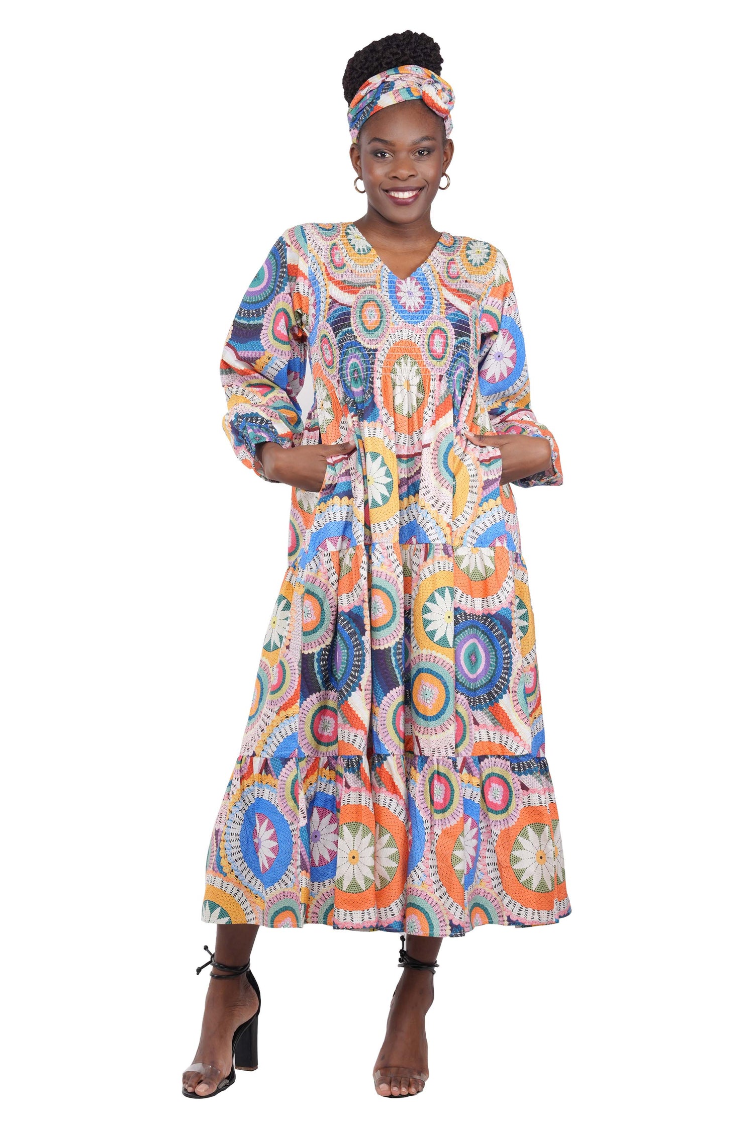 African smocked maxi tiered dress with long sleeves and headwrap
Cotton V-neck African maxi dress with pockets
Afrocentric long sleeve tiered dress one size fits most
African dresses for women