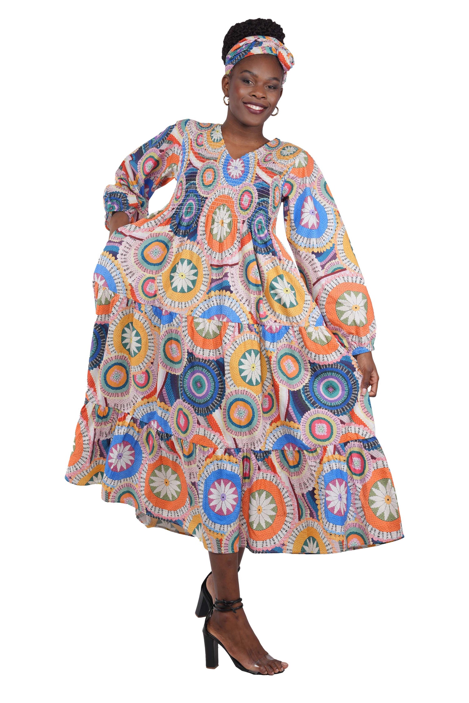 African smocked maxi tiered dress with long sleeves and headwrap
Cotton V-neck African maxi dress with pockets
Afrocentric long sleeve tiered dress one size fits most
African dresses for women