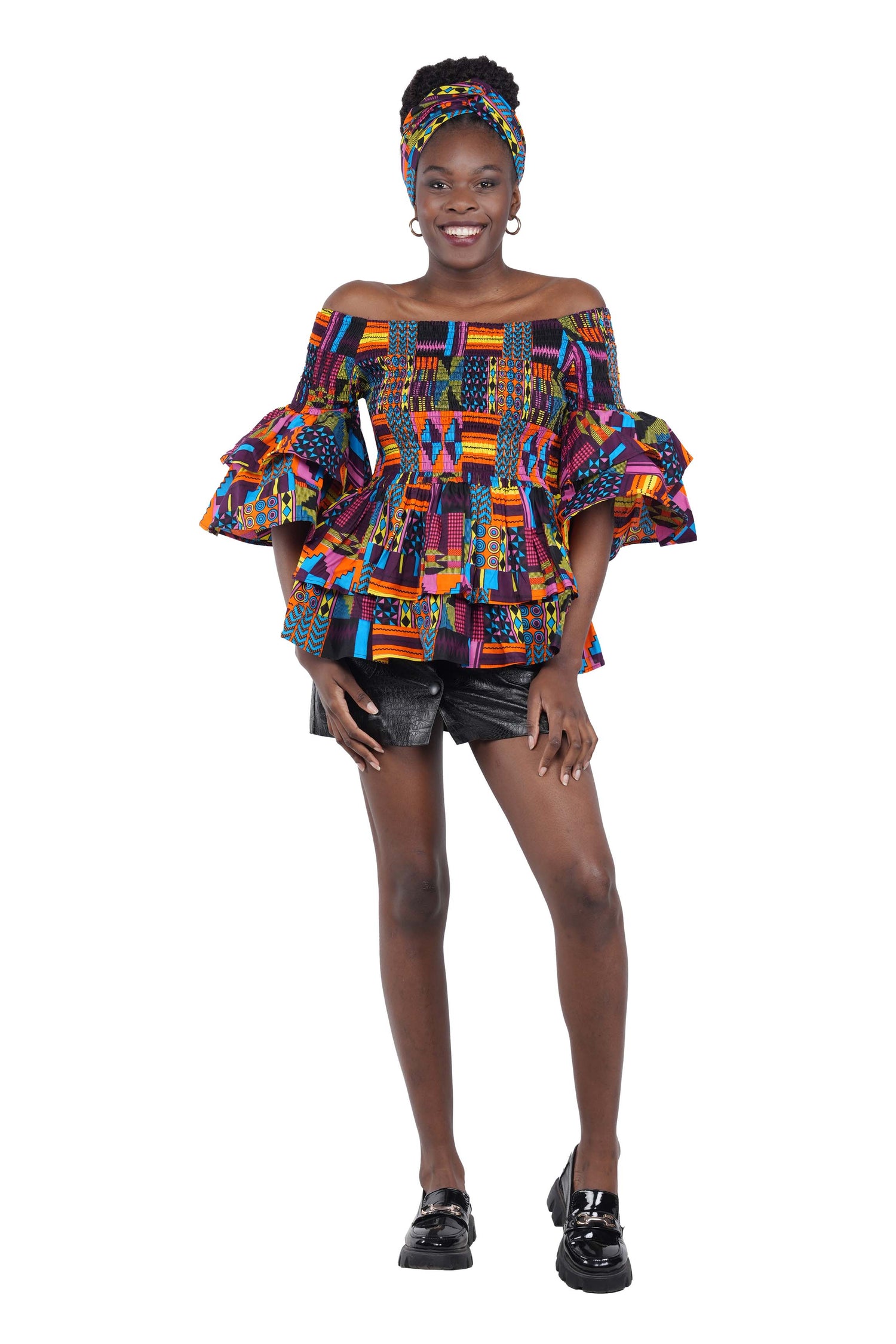 African Smocked Off Shoulder Blouse, Dashiki Afrocentric Attire, 100% Cotton