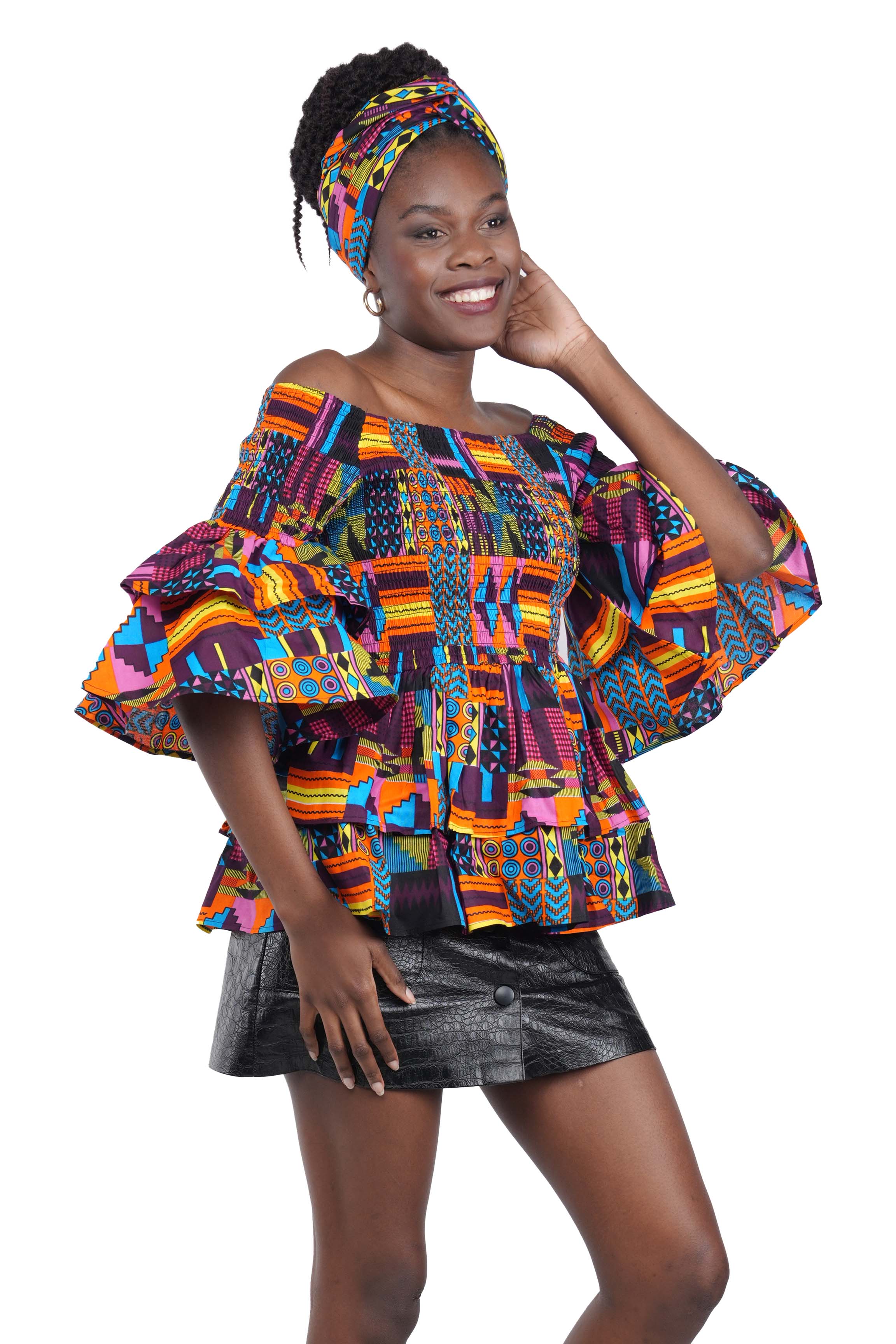 African Smocked Off Shoulder Blouse, Dashiki Afrocentric Attire, 100% Cotton