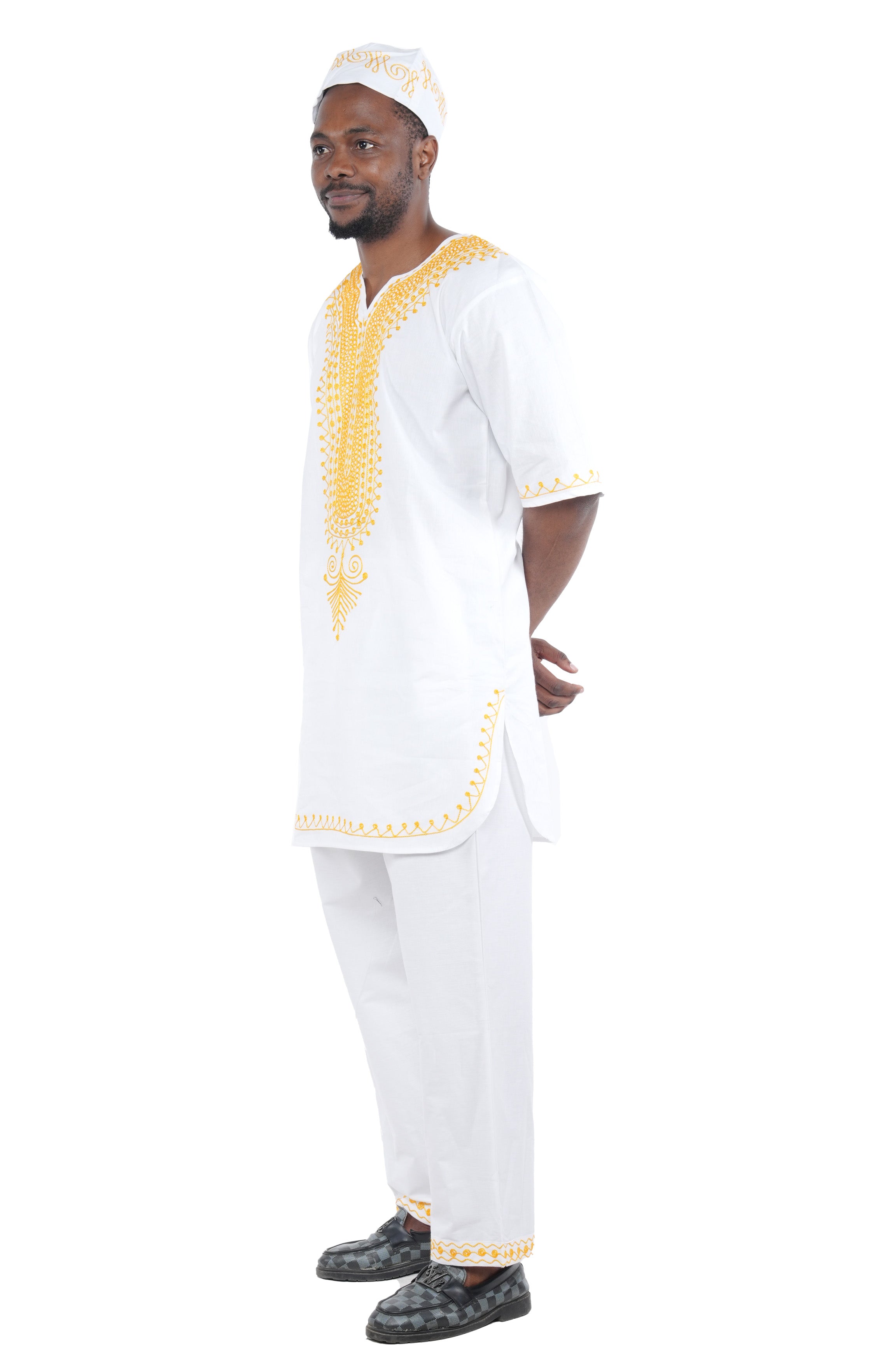Men’s African Embroidered Top & Pant Set w/ Hat – 2pc Outfit 4XL–5XL