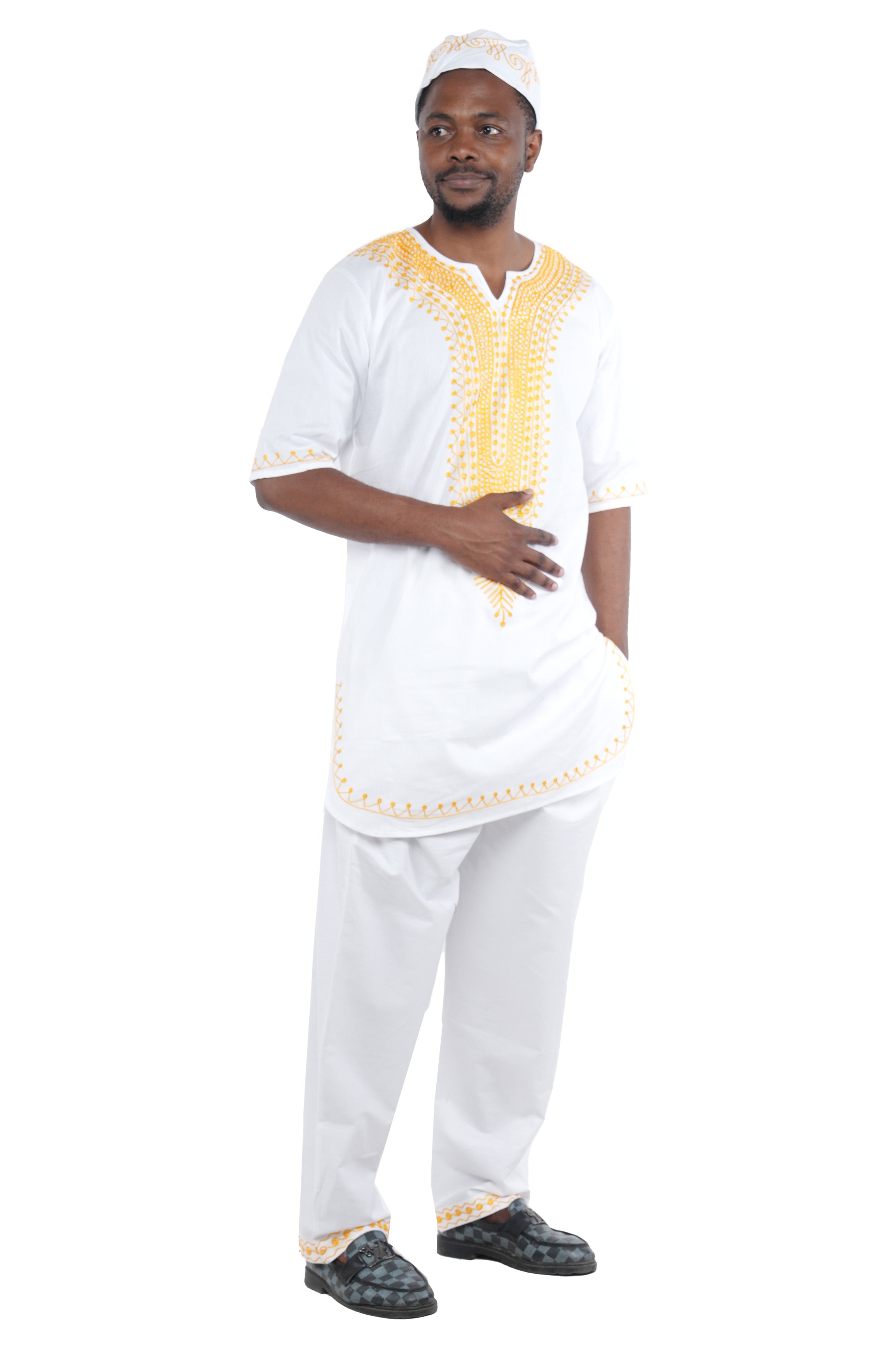 Men’s African Embroidered Top & Pant Set w/ Hat – 2pc Outfit 4XL–5XL