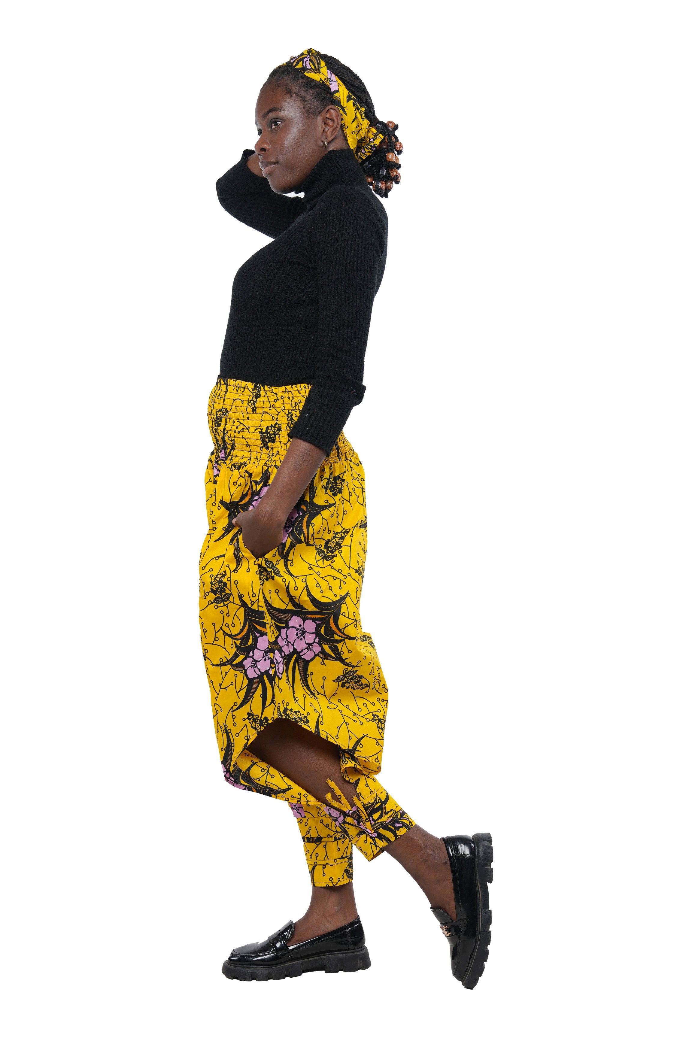 African Smocked Waist Harem Pants W/Ties 100% Cotton Two Pockets & Wrap One Size
