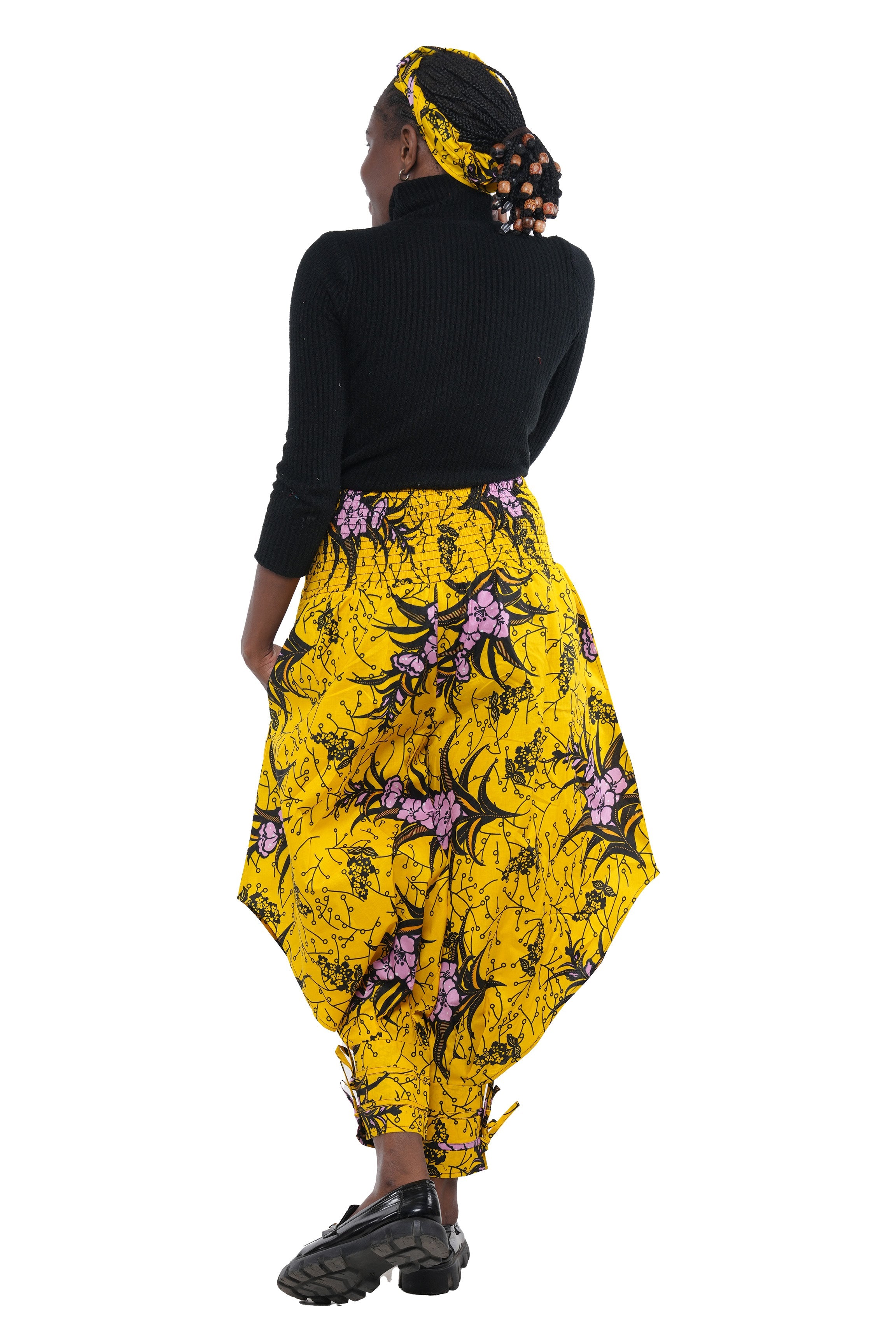 African Smocked Waist Harem Pants W/Ties 100% Cotton Two Pockets & Wrap One Size