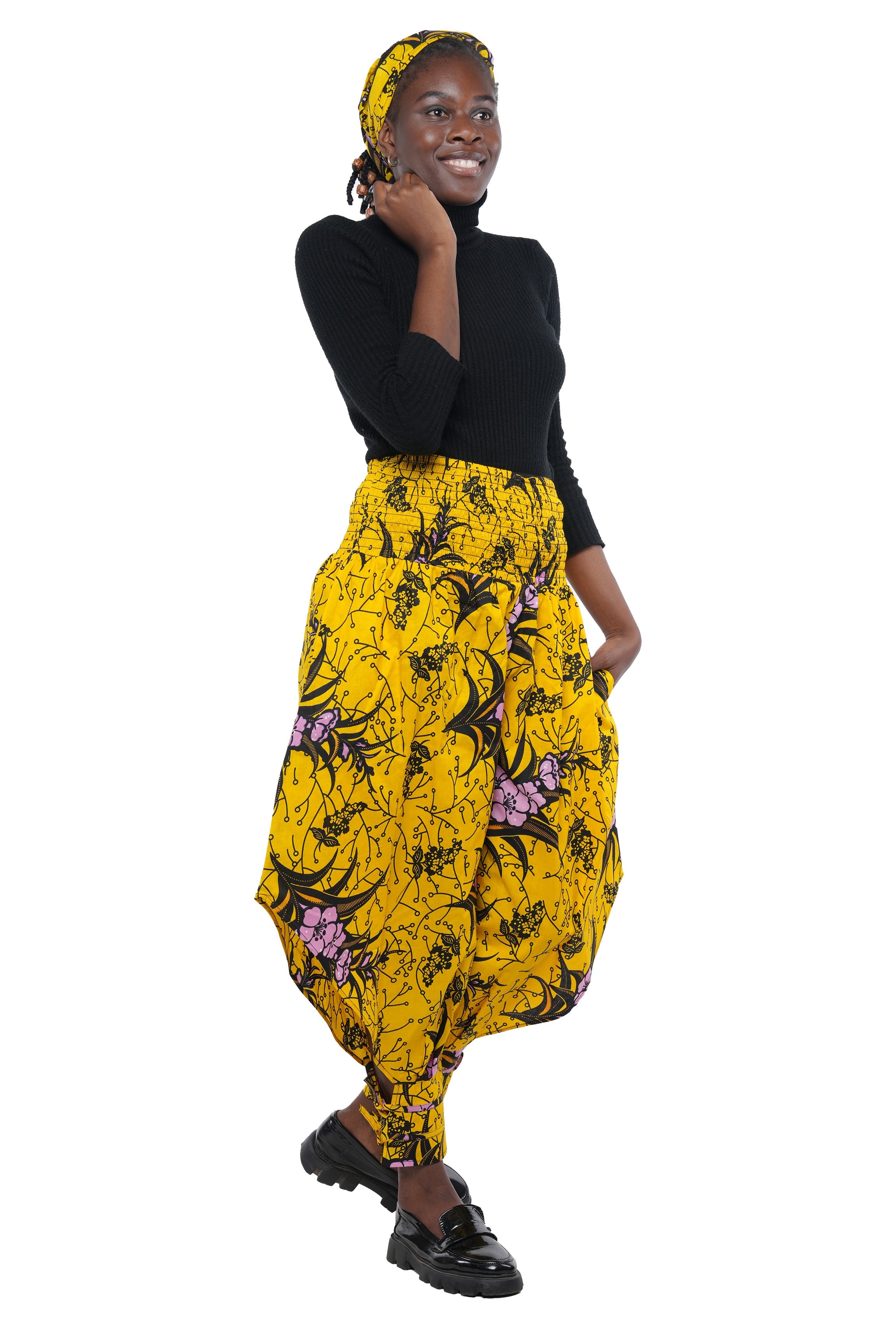 African Smocked Waist Harem Pants W/Ties 100% Cotton Two Pockets & Wrap One Size