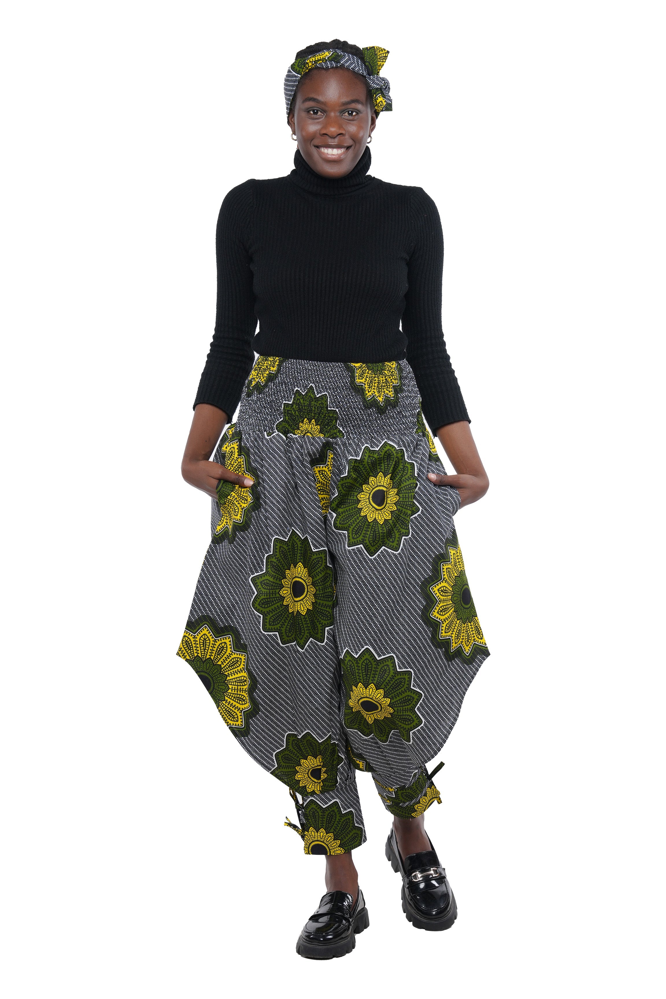 African Smocked Waist Harem Pants W/Ties 100% Cotton Two Pockets & Wrap One Size