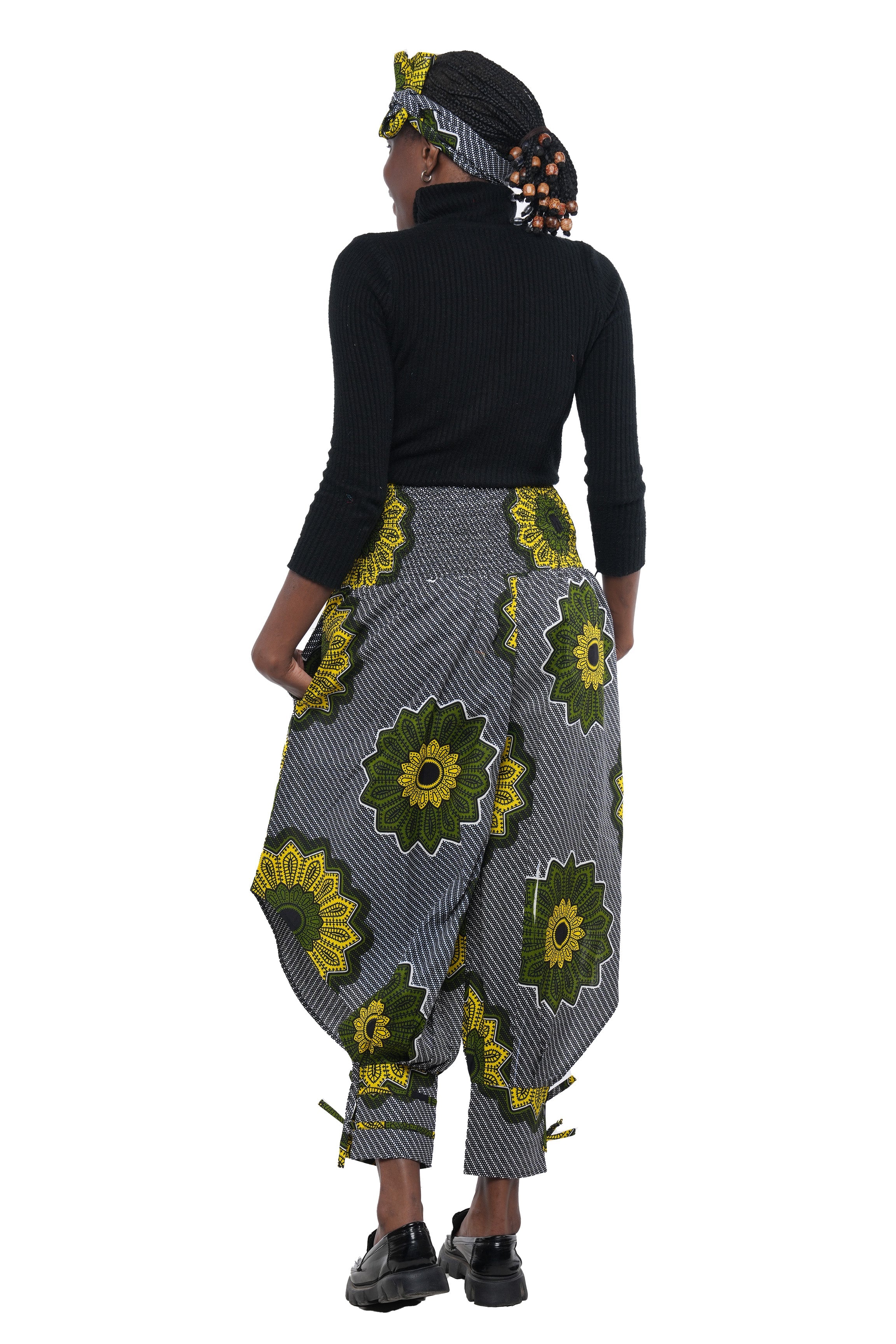 African Smocked Waist Harem Pants W/Ties 100% Cotton Two Pockets & Wrap One Size