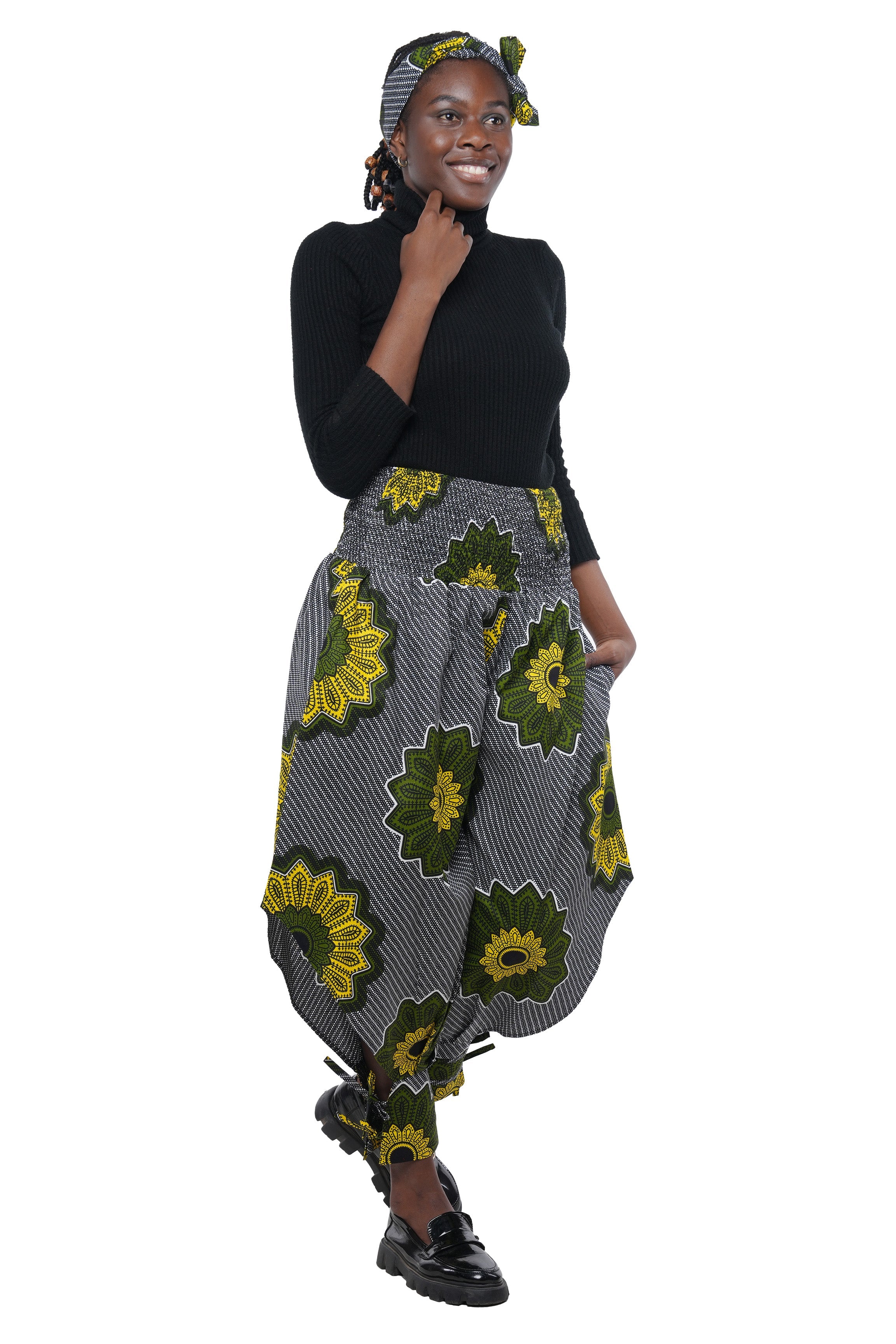 African Smocked Waist Harem Pants W/Ties 100% Cotton Two Pockets & Wrap One Size