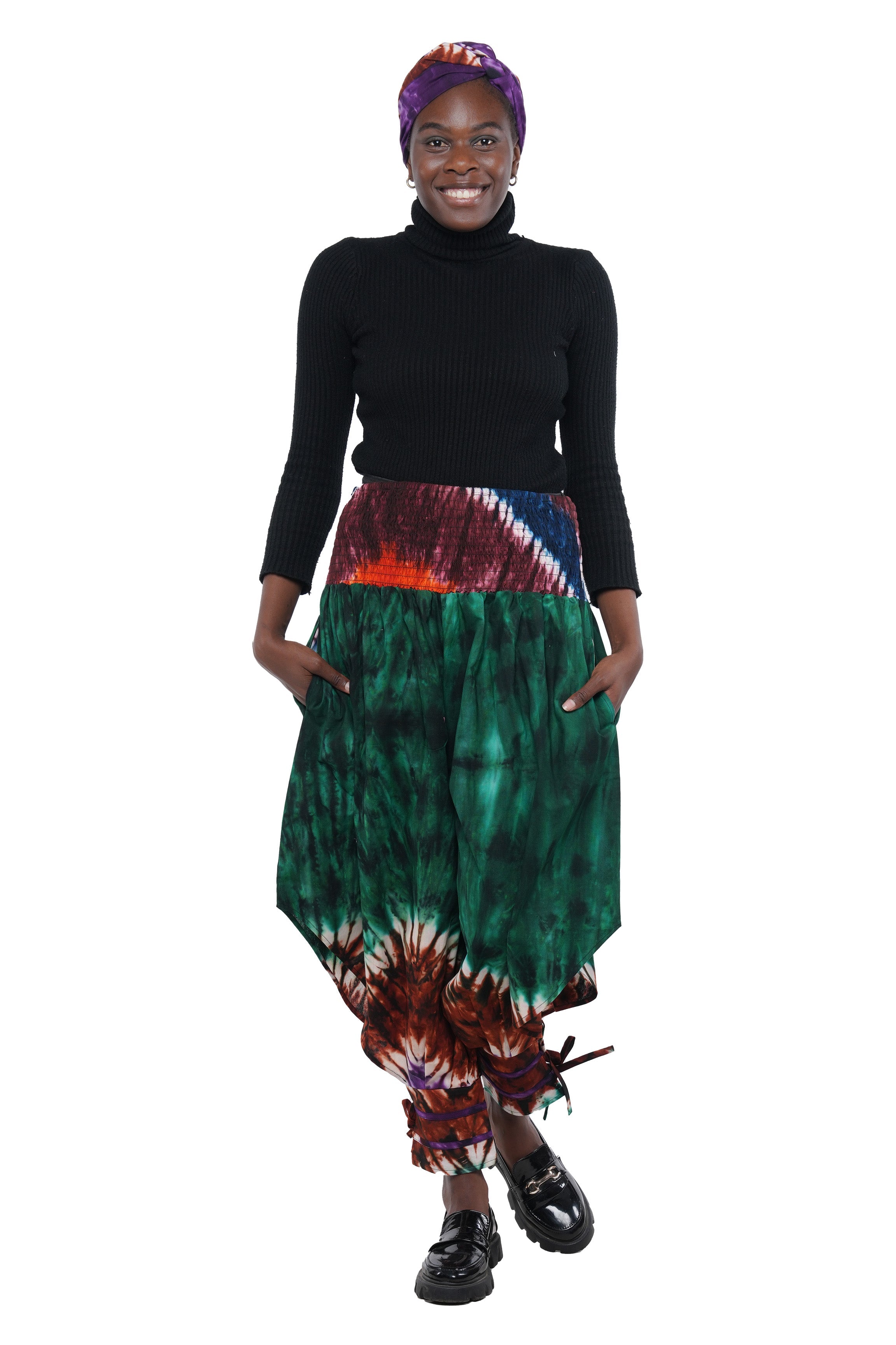 African Smocked Waist Harem Pants W/Ties 100% Cotton Two Pockets & Wrap One Size