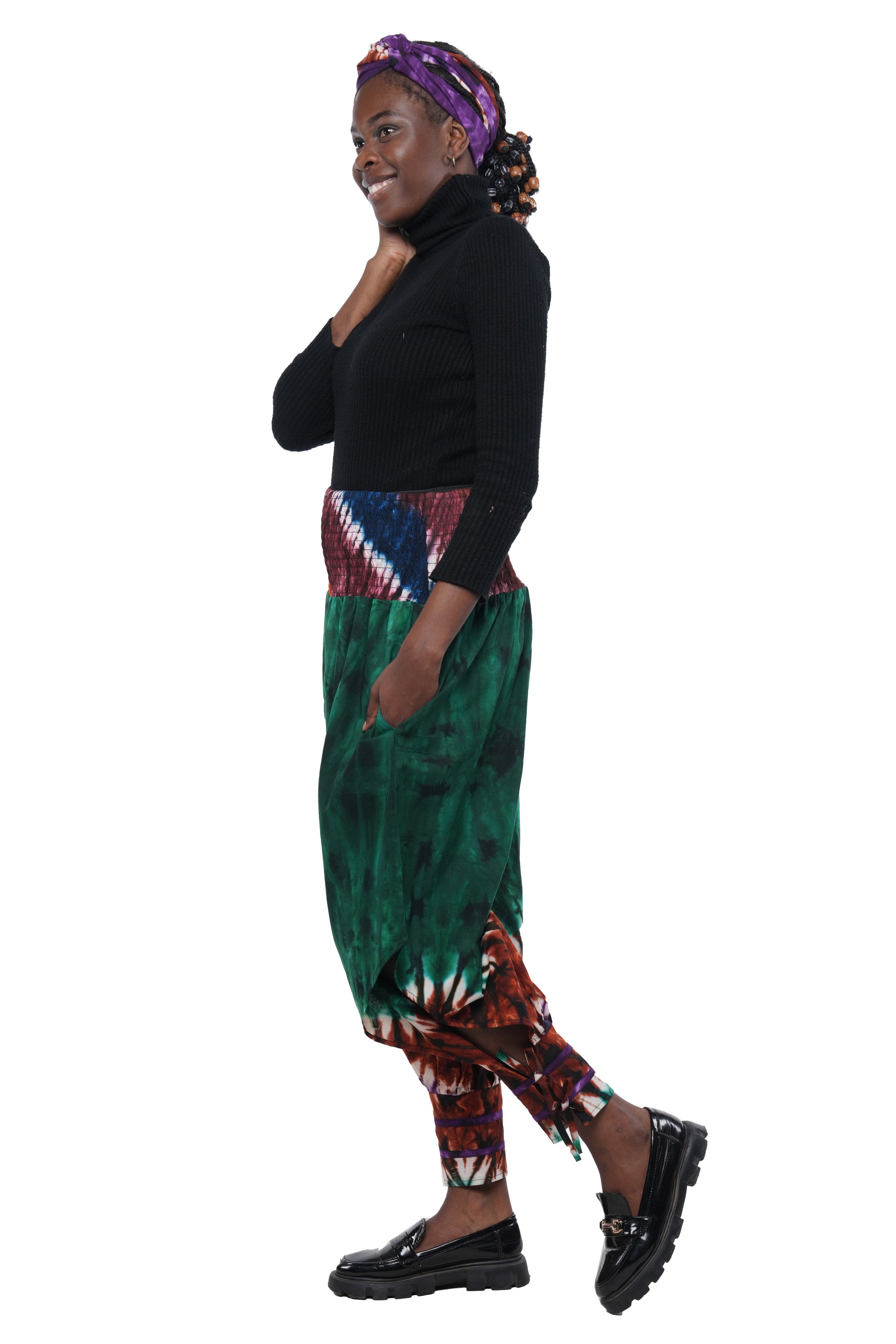 African Smocked Waist Harem Pants W/Ties 100% Cotton Two Pockets & Wrap One Size