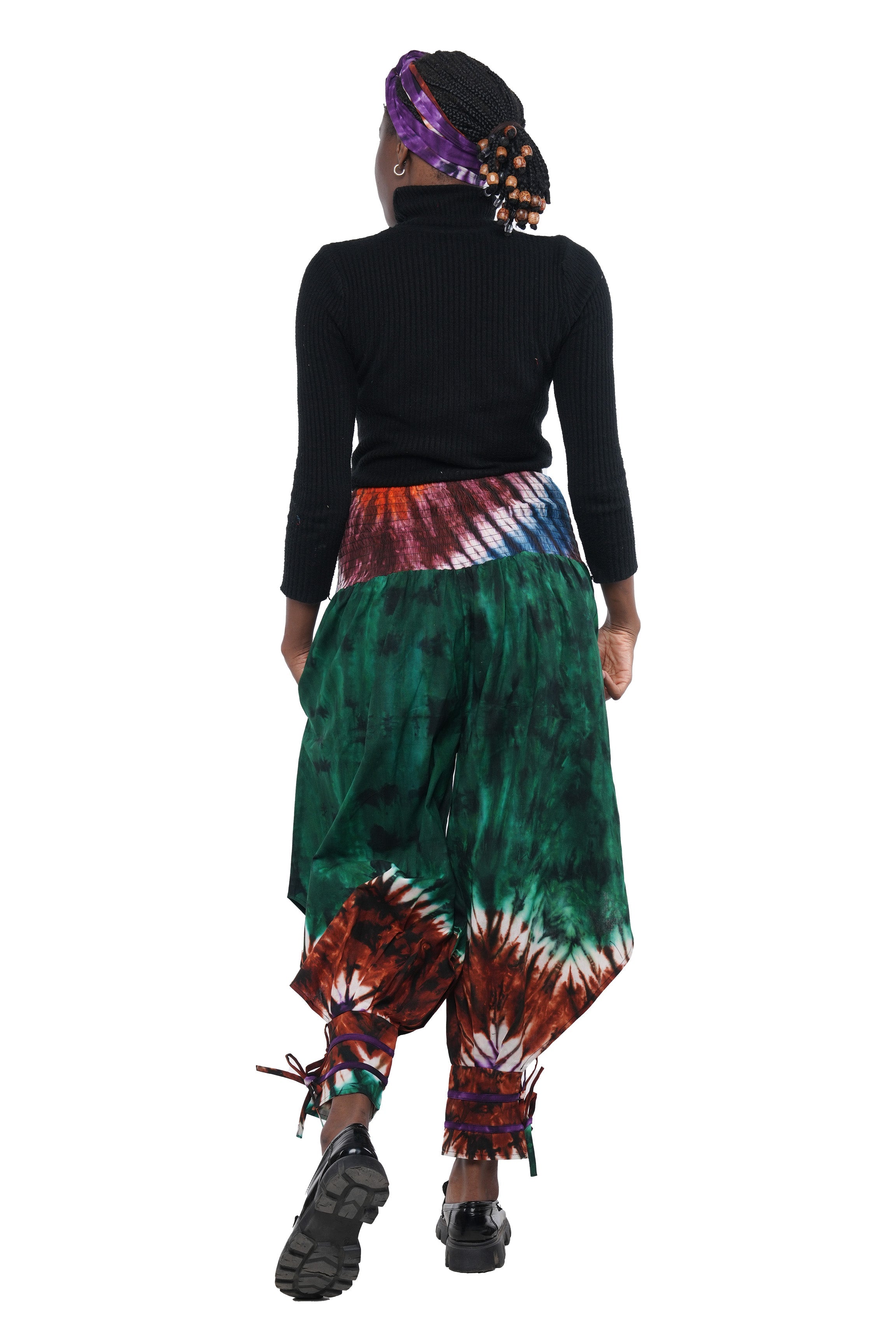 African Smocked Waist Harem Pants W/Ties 100% Cotton Two Pockets & Wrap One Size