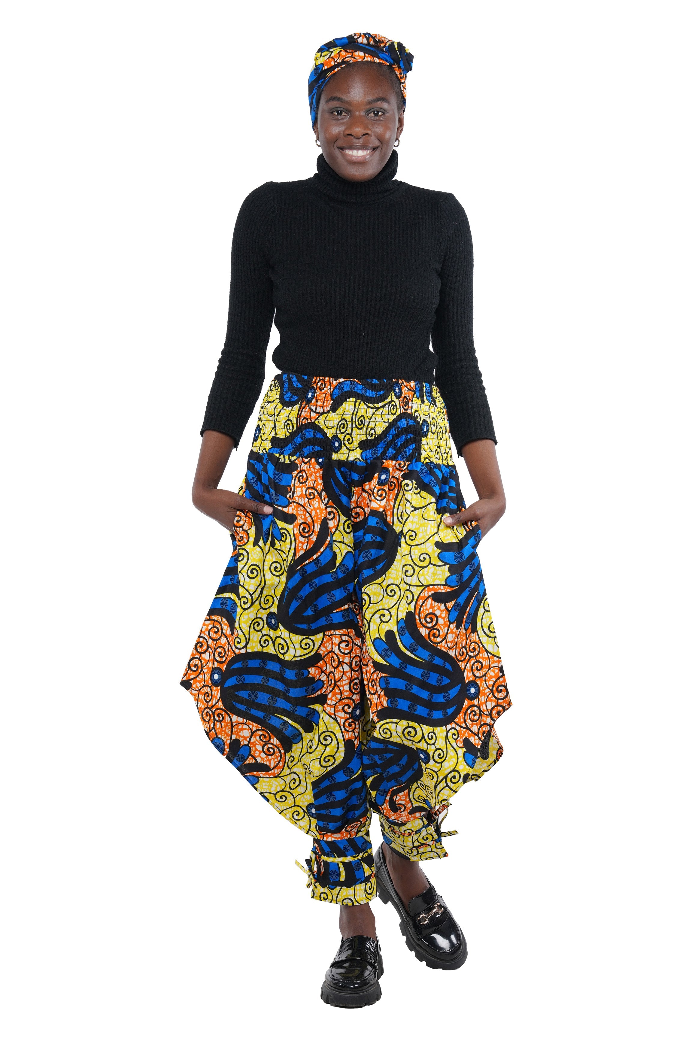 African Smocked Waist Harem Pants W/Ties 100% Cotton Two Pockets & Wrap One Size