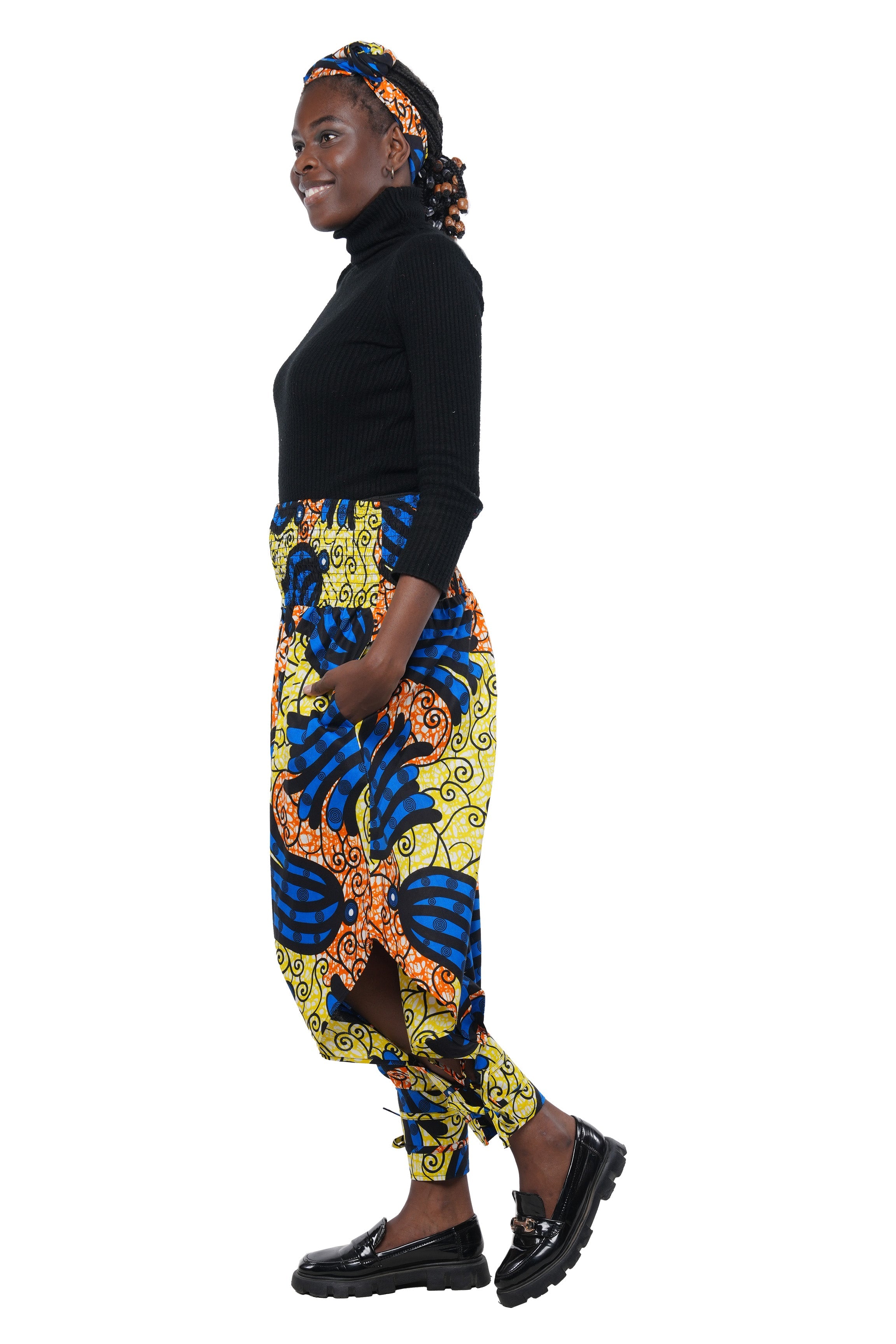 African Smocked Waist Harem Pants W/Ties 100% Cotton Two Pockets & Wrap One Size