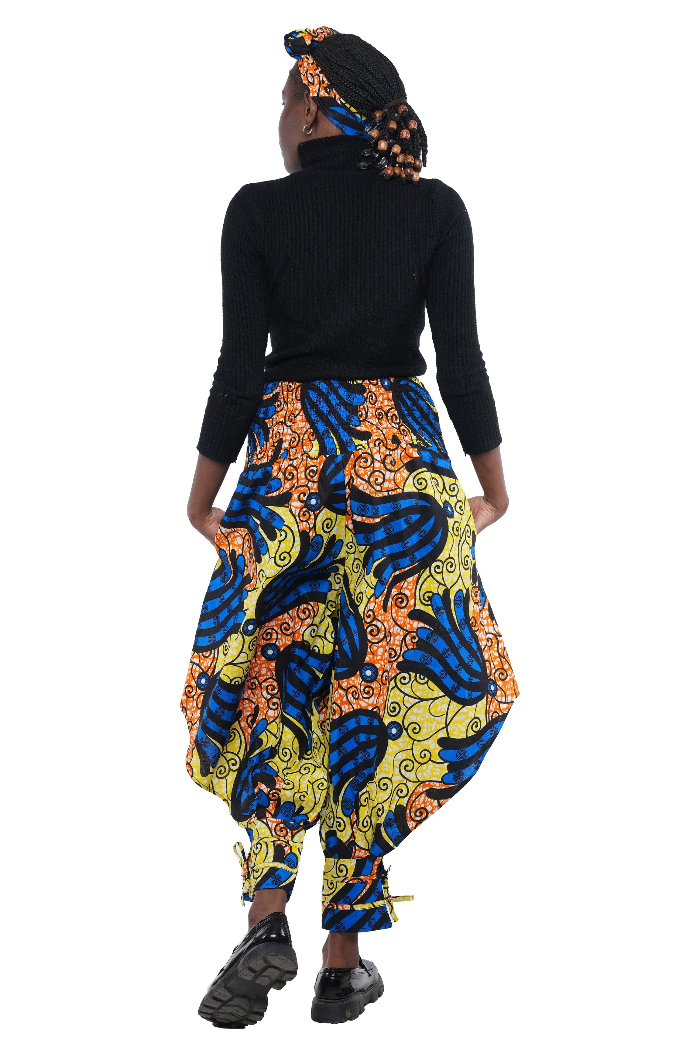 African Smocked Waist Harem Pants W/Ties 100% Cotton Two Pockets & Wrap One Size