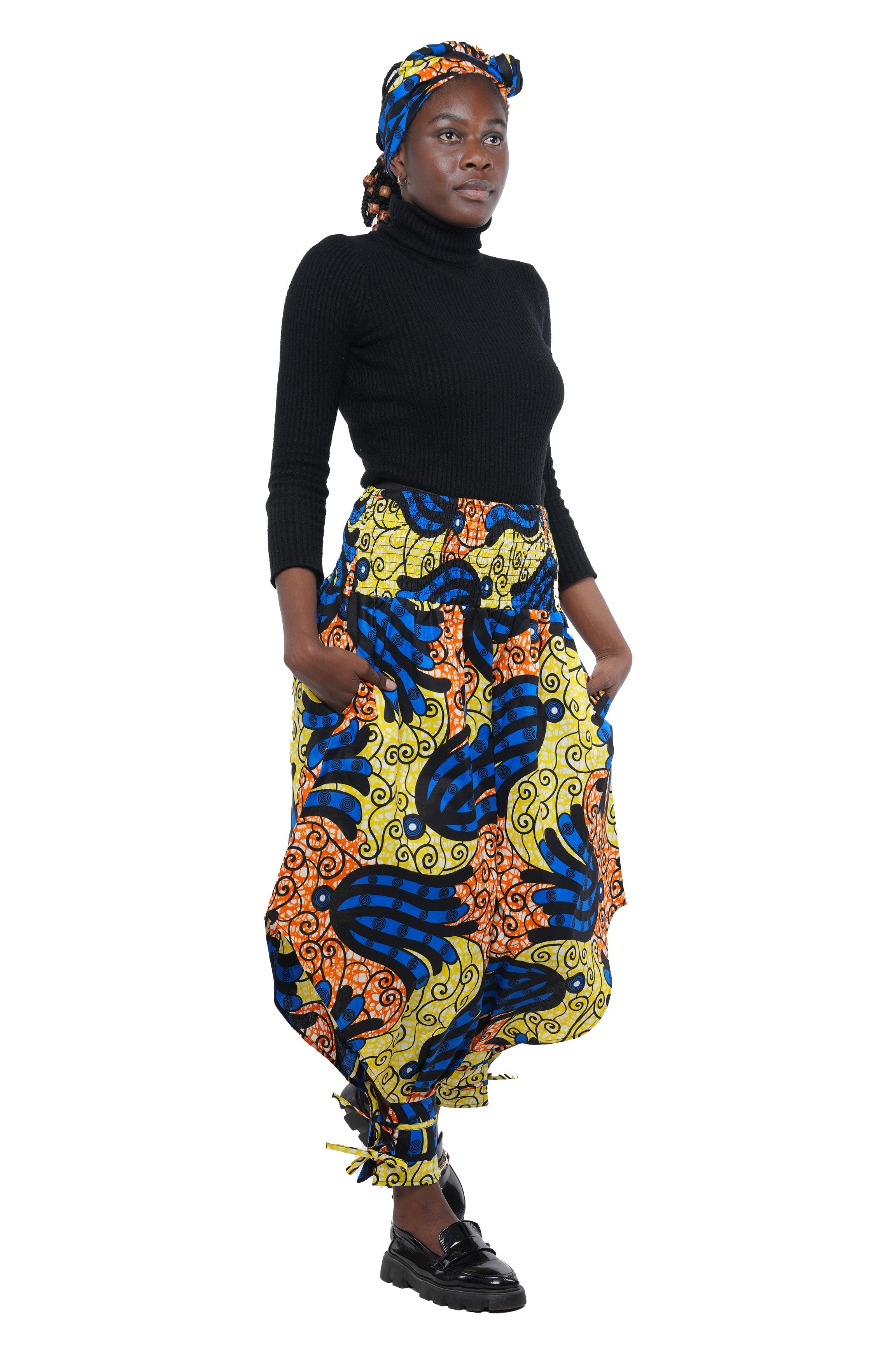 African Smocked Waist Harem Pants W/Ties 100% Cotton Two Pockets & Wrap One Size