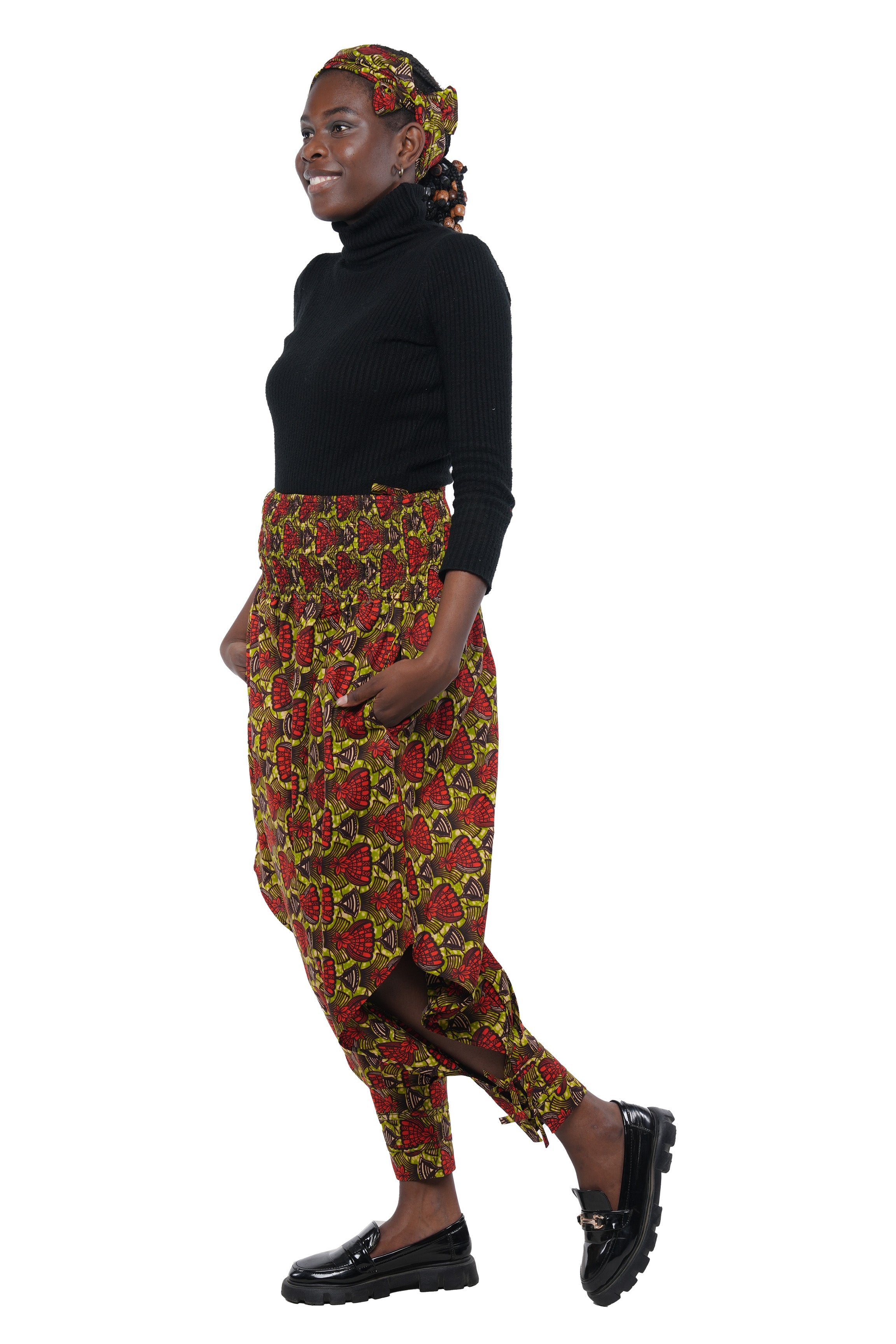African Smocked Waist Harem Pants W/Ties 100% Cotton Two Pockets & Wrap One Size
