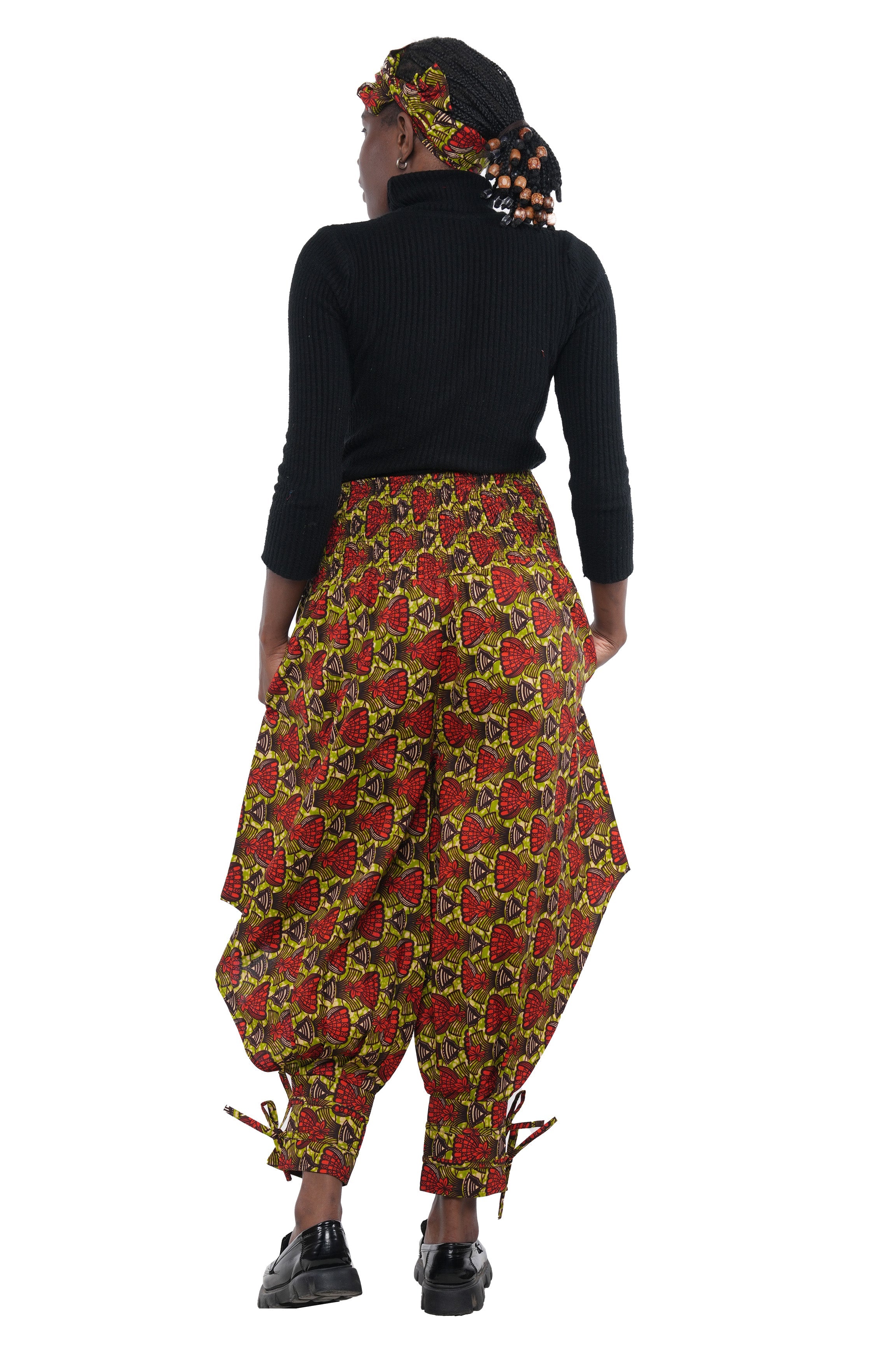 African Smocked Waist Harem Pants W/Ties 100% Cotton Two Pockets & Wrap One Size
